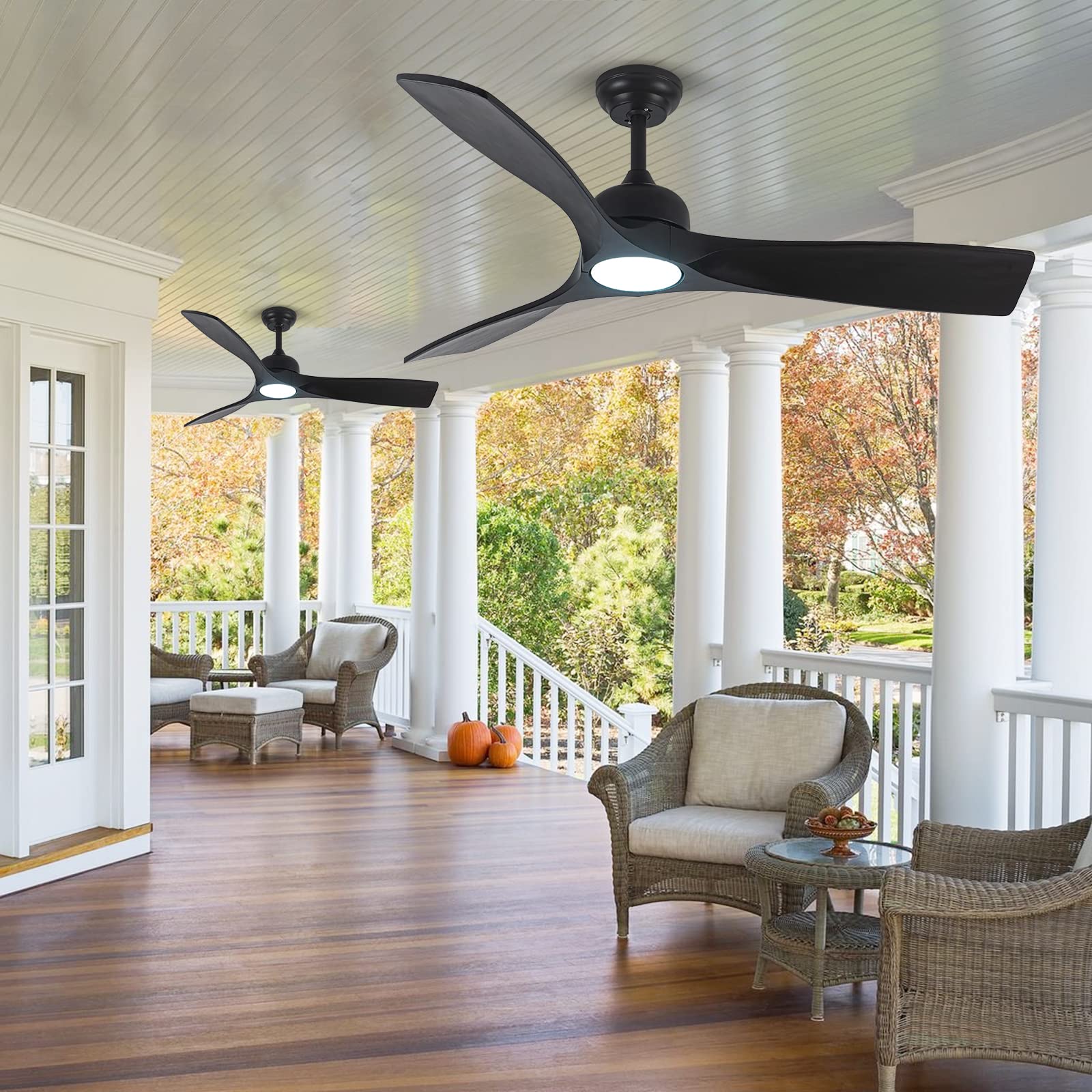 52 Inch Black Ceiling Fan with Lights & Remote - 3 Blade Solid Wood DC Motor Fan, Dimmable LED Light - Modern Indoor/Outdoor Ceiling Fan for Bedroom, Patio, Porch, Living Room & Office - Energy Efficient & Quiet Operation