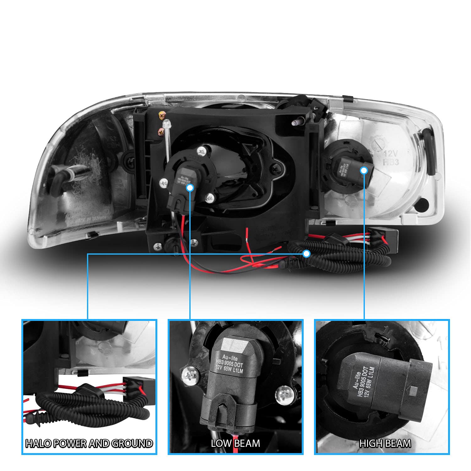 AmeriLite GMC 99-07 Sierra & 00-06 Yukon Dual LED Halo Ring Crystal Black Projector Headlights - Pair for Passenger & Driver Side | Enhanced Night Visibility & Stylish Upgrade for Trucks & SUVs
