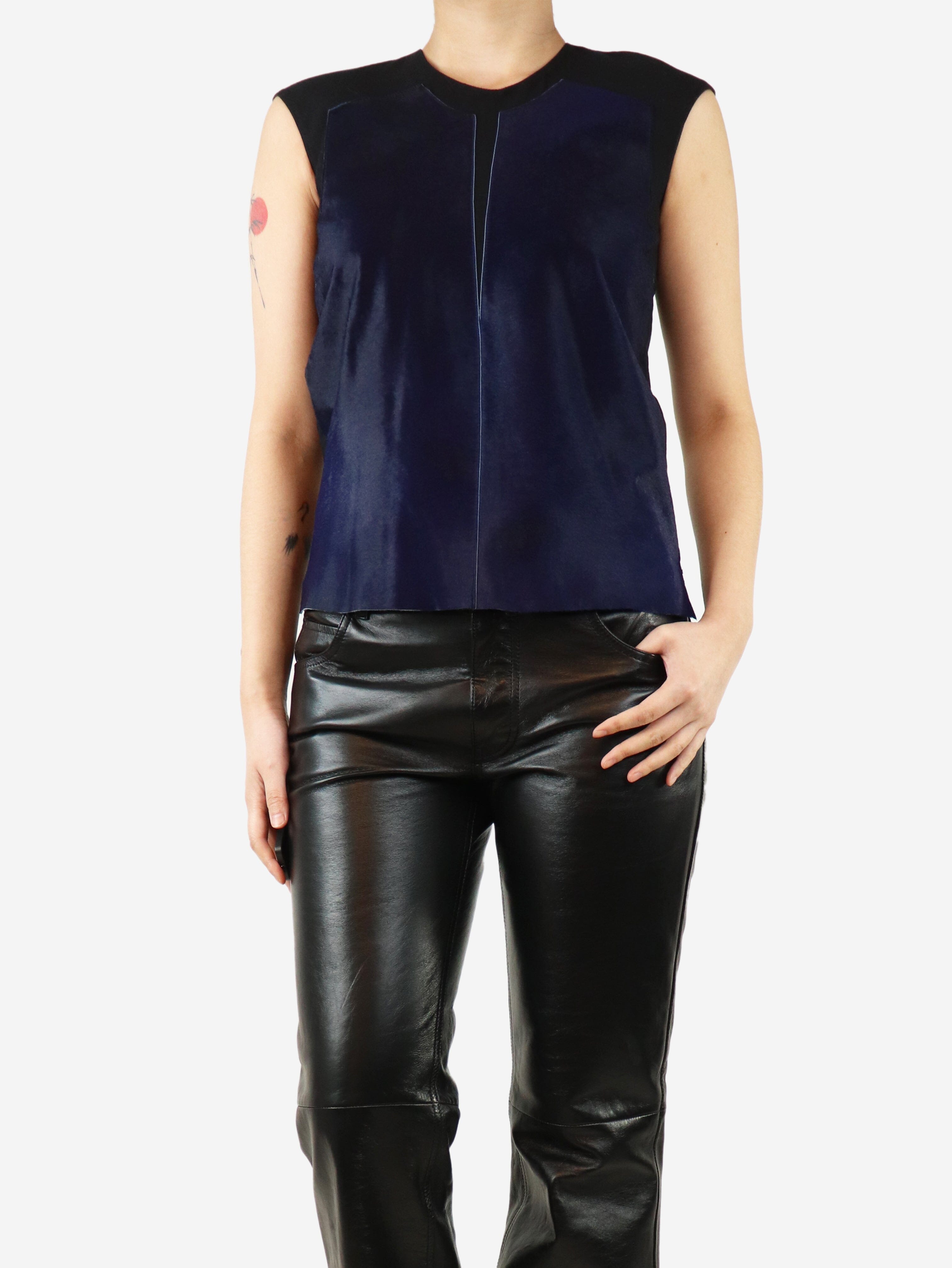 Stylish Black & Navy Contrast Calf Fur Sleeveless Panel Top - Size UK 8 | Women's Fashion Statement Piece for Evening Parties & Night Out
