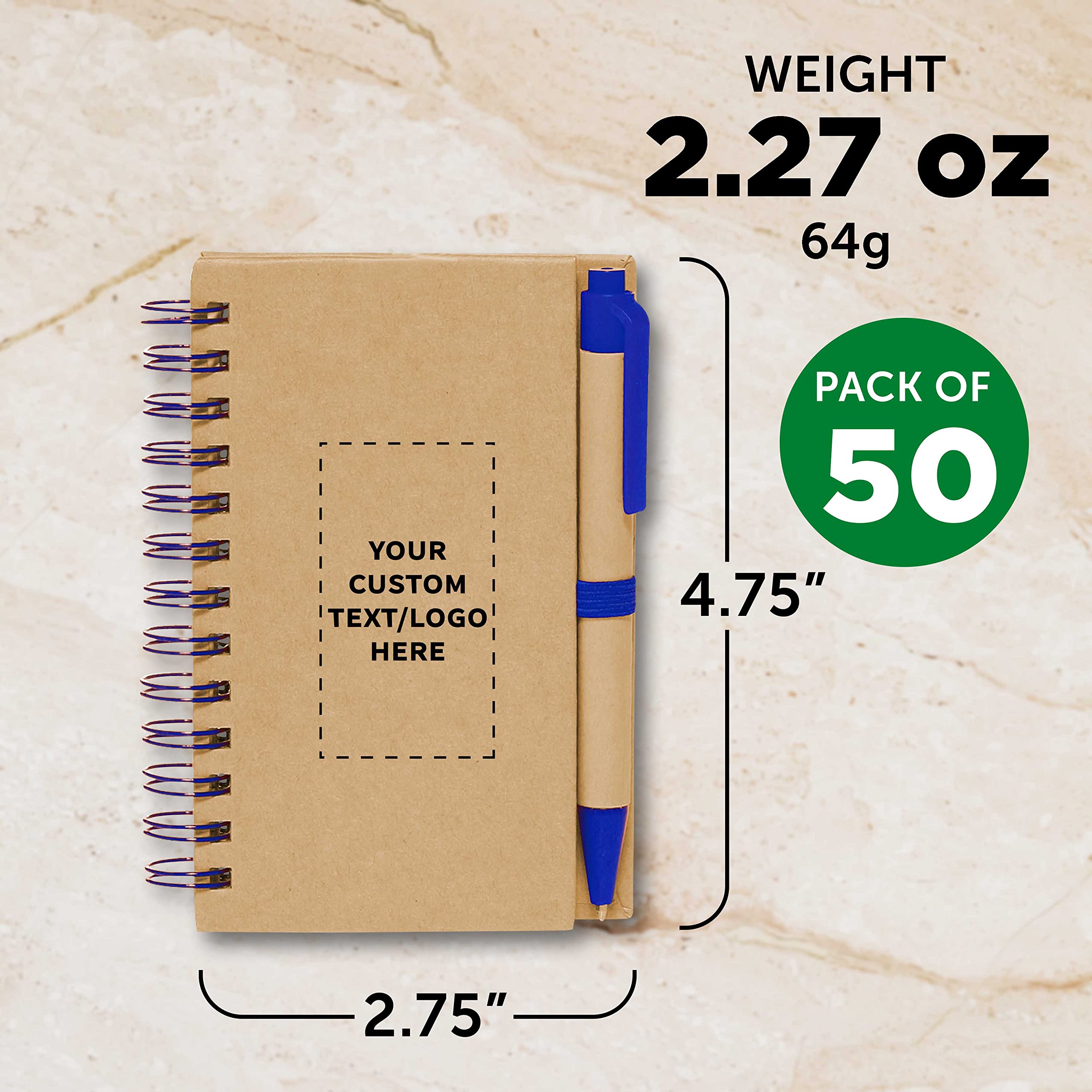 Custom Mini Spiral Notebooks with Black Ink Pens (50-Pack) - Personalized Bulk Journals for School, Office & Business Use - Blue - Perfect for Note Taking, Gifts & Daily Organization