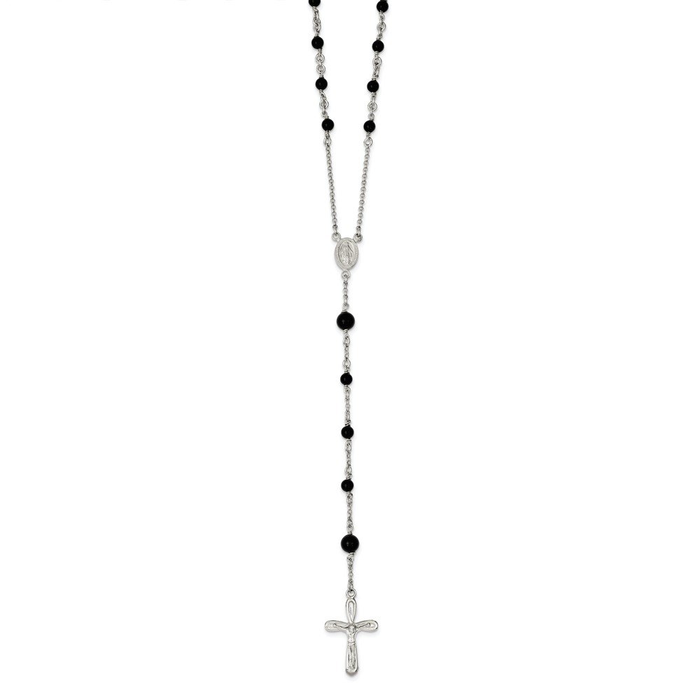 925 Sterling Silver Black Onyx Rosary Necklace with Cross Pendant - 33