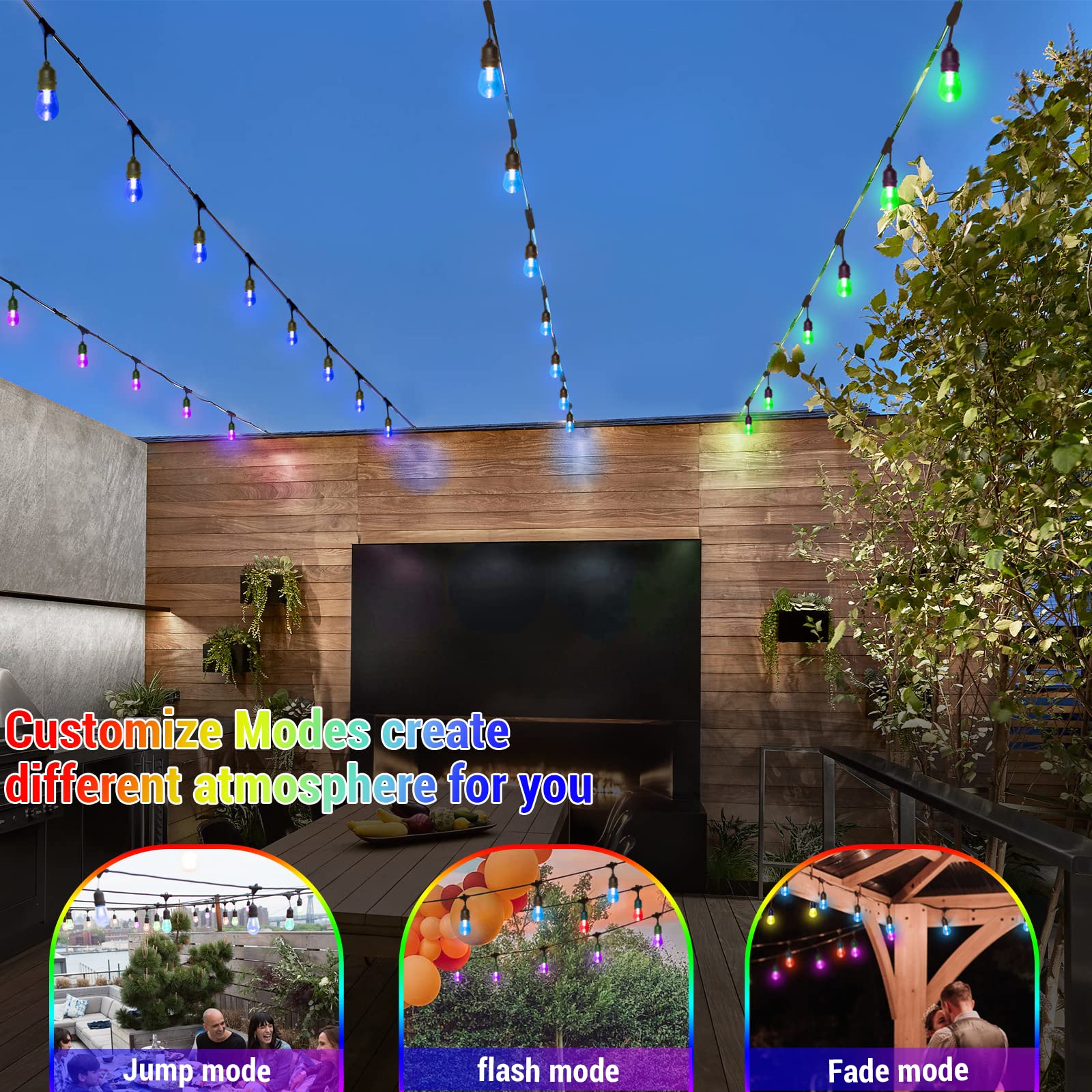 48FT Solar Outdoor RGB String Lights - Dimmable Waterproof Patio Lights with Shatterproof Bulbs & Remote Control | Perfect for Backyard, Garden, Wedding, Party, and Commercial Decor