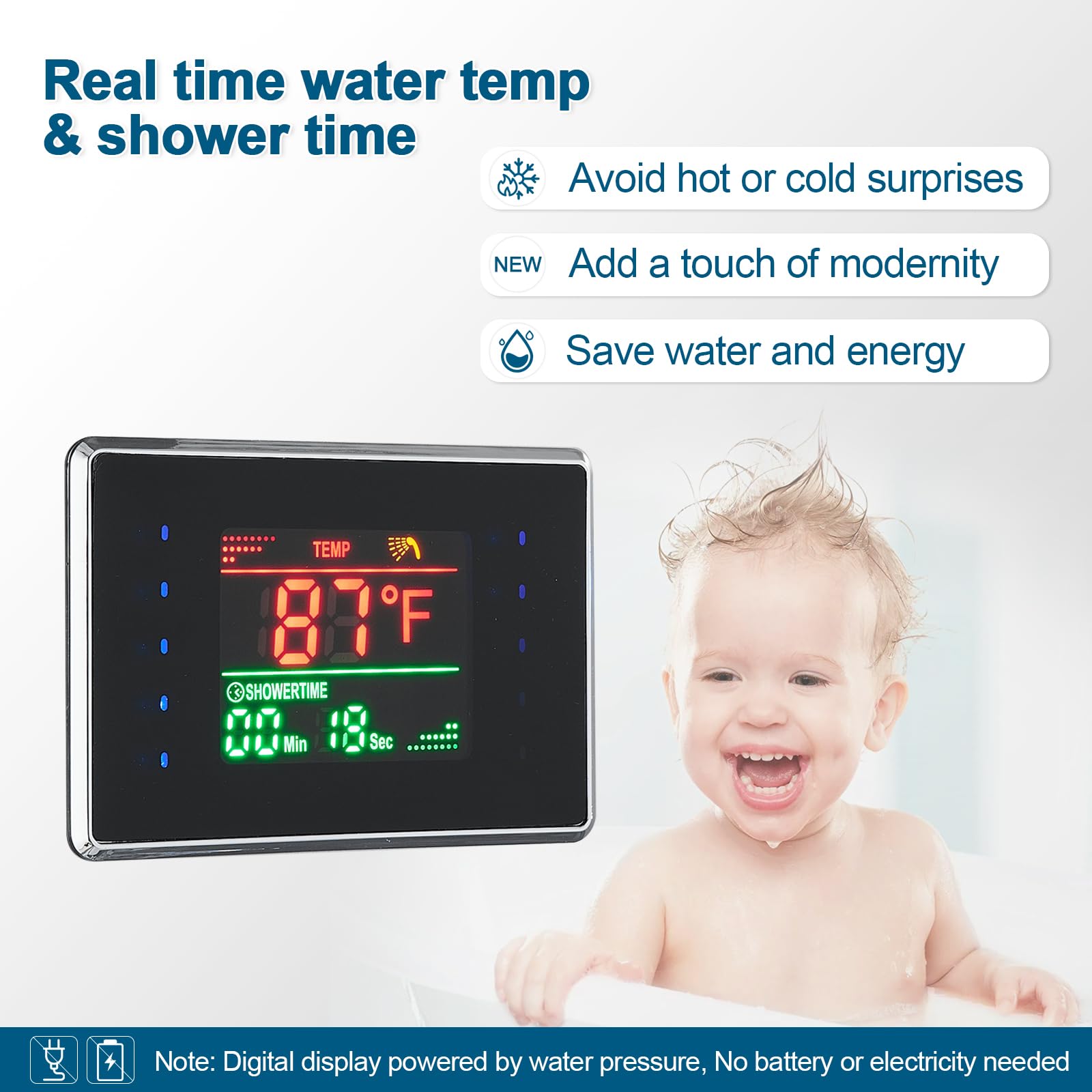 ROVOGO 5-Function Shower Panel Tower System with LED Lights & Temperature Display - Rainfall, Mist, Body Jets, Handheld & Tub Spout - 304 Stainless Steel Black - No Battery Needed - Perfect for Modern Bathroom & Spa-Like Shower Experience