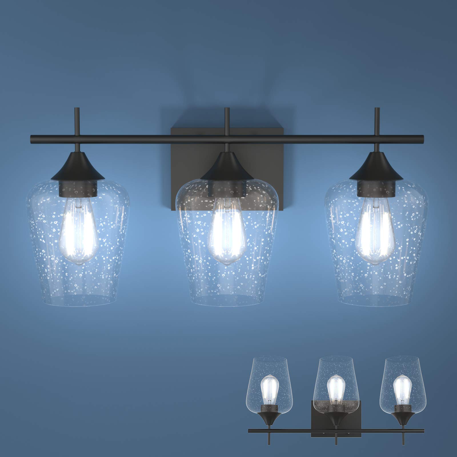 Tangkula 3-Light Industrial Wall Sconce with Clear Seeded Glass Shade - Modern Bathroom Vanity Lighting for Mirror, Makeup Dressing Table & Bedroom Decor