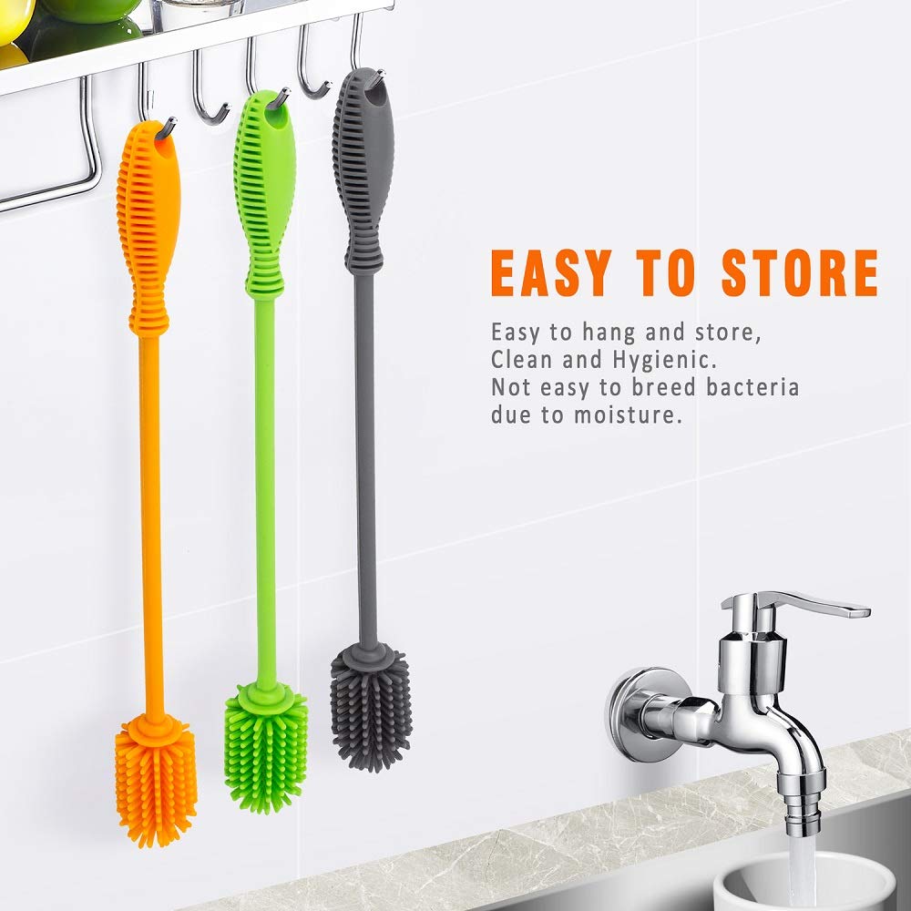 Long Handle Silicone Bottle Brush - Clean Baby, Hydro Flask & Sports Bottles Easily for Home & Travel