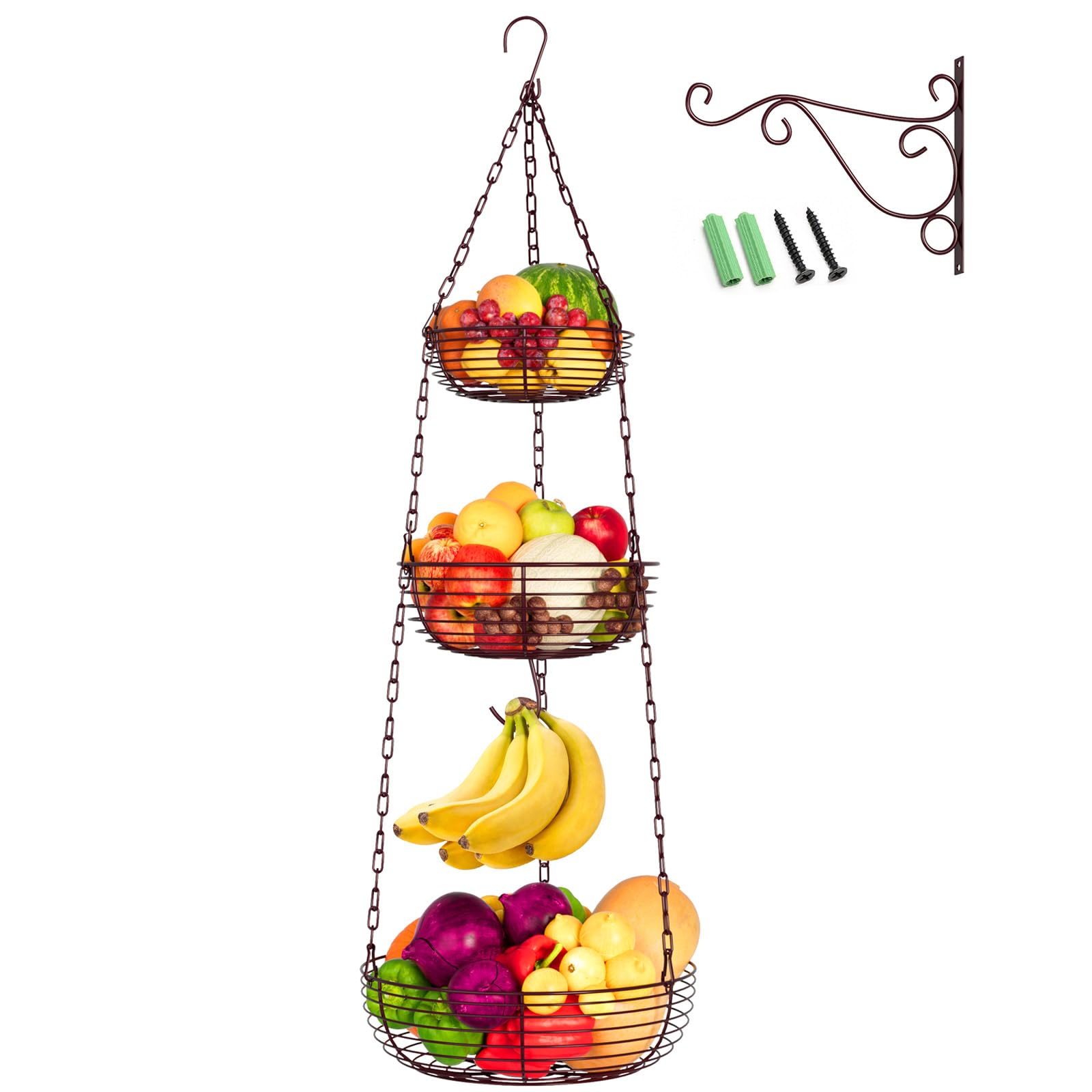 HULISEN 3-Tier Hanging Fruit Basket with Banana Hook - Heavy Duty Wire Kitchen Storage Organizer for Fruits & Vegetables - 36 Inch Space Saving Produce Basket with Installation Bracket (Perfect for Small Kitchens, Pantries & Farmers Market Displays)