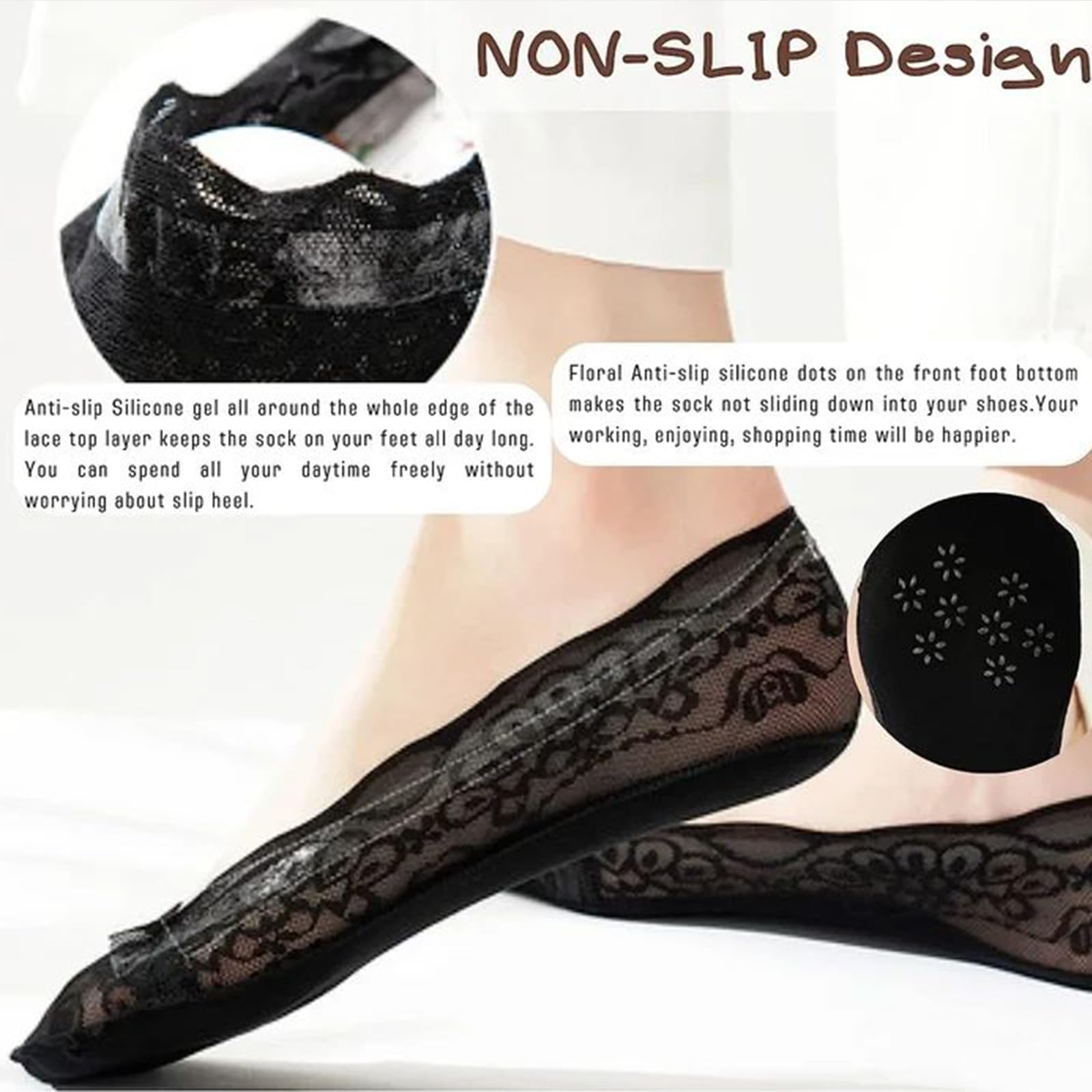 Lace No Show Socks for Women - 5 Pairs Breathable Non-Slip Boat Liners | Comfortable Invisible Socks for Flats, Loafers & Sneakers | Perfect for Work, Travel & Everyday Wear