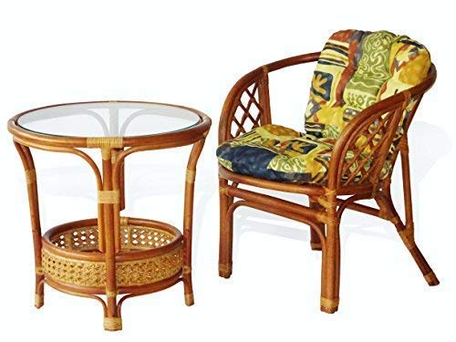 Natural Rattan Wicker Bahama Armchair Set with Cushion & Round Coffee Table - Tropical Style Lounge Furniture for Patio, Porch, Beach House & Garden Decor