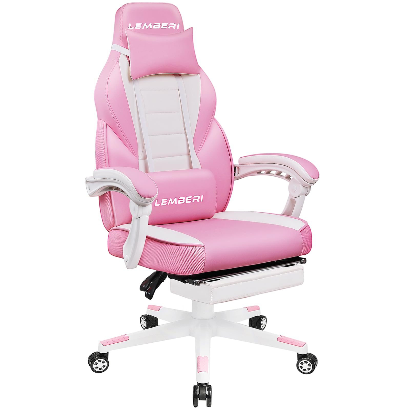 LEMBERI Pink Gaming Chair with Footrest - Ergonomic Kawaii Cute Gamer Chair for Girls, Computer Video Game Chair with Adjustable Headrest & Lumbar Support - Perfect for Streaming, Esports & Home Office Setup