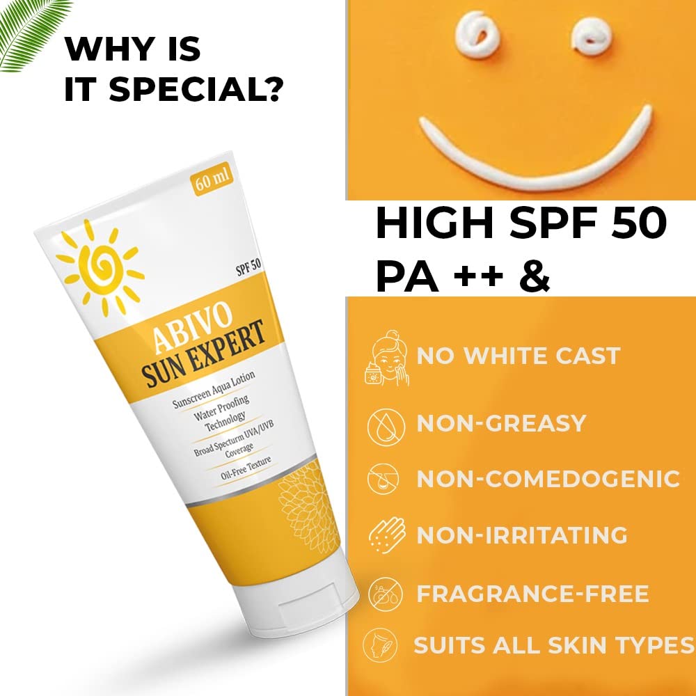 Abivo Sun Expert SPF 50 Matte Sunscreen - Oil Free Face & Body Sunscreen Cream with UVA/UVB Protection | Water Resistant | 60ml | Perfect for Beach, Swimming & Outdoor Activities