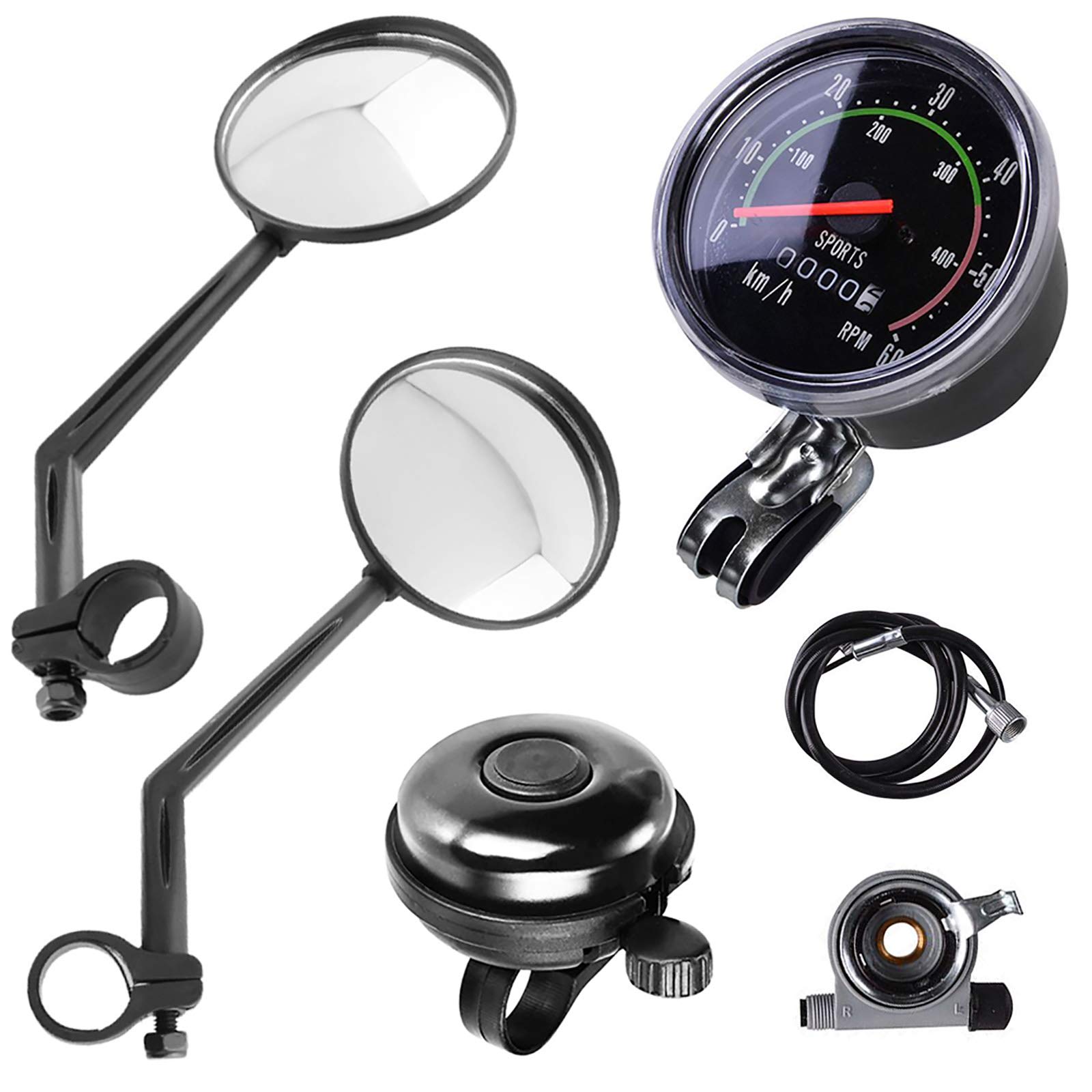 Lomodo 4-Piece Bike Accessories Set - 2 Rear View Mirrors, Classic Analog Speedometer & Aluminum Bell for 24-27.5