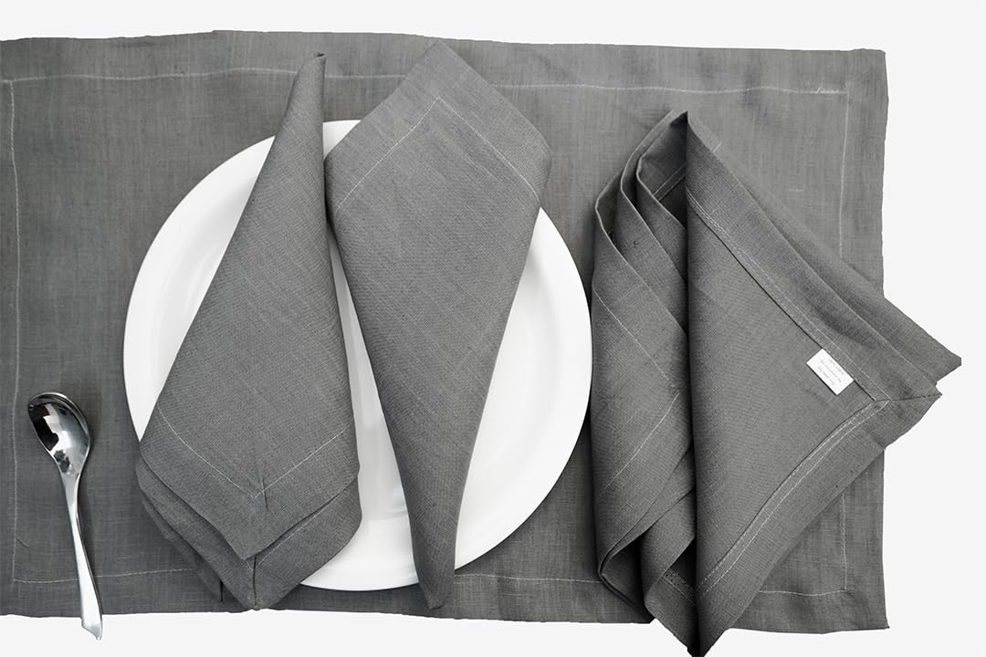 Premium 100% French Flax Linen Placemats Set of 12 (14x19 Inch) - Stone Washed for Softness & Durability, Heat Resistant Table Mats for Dining Room Decor - Elegant Stone Grey - Perfect for Dinner Parties, Holiday Gatherings & Everyday Use