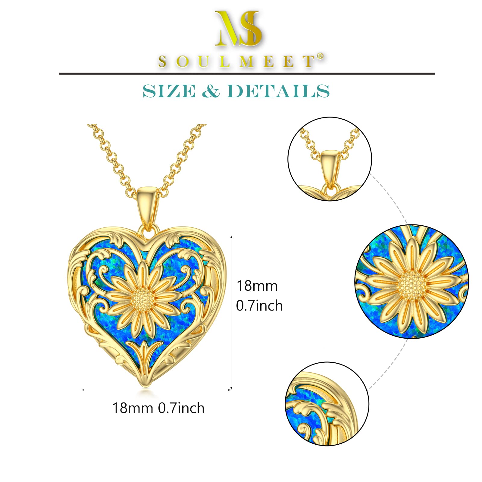 SOULMEET Personalized Heart Locket Necklace - Sunflower Design with Opal, Abalone, Pearl Shell & Malachite - Holds Photos - Silver & Gold Jewelry Gift for Women - Perfect for Anniversaries, Birthdays & Mother's Day Gifts
