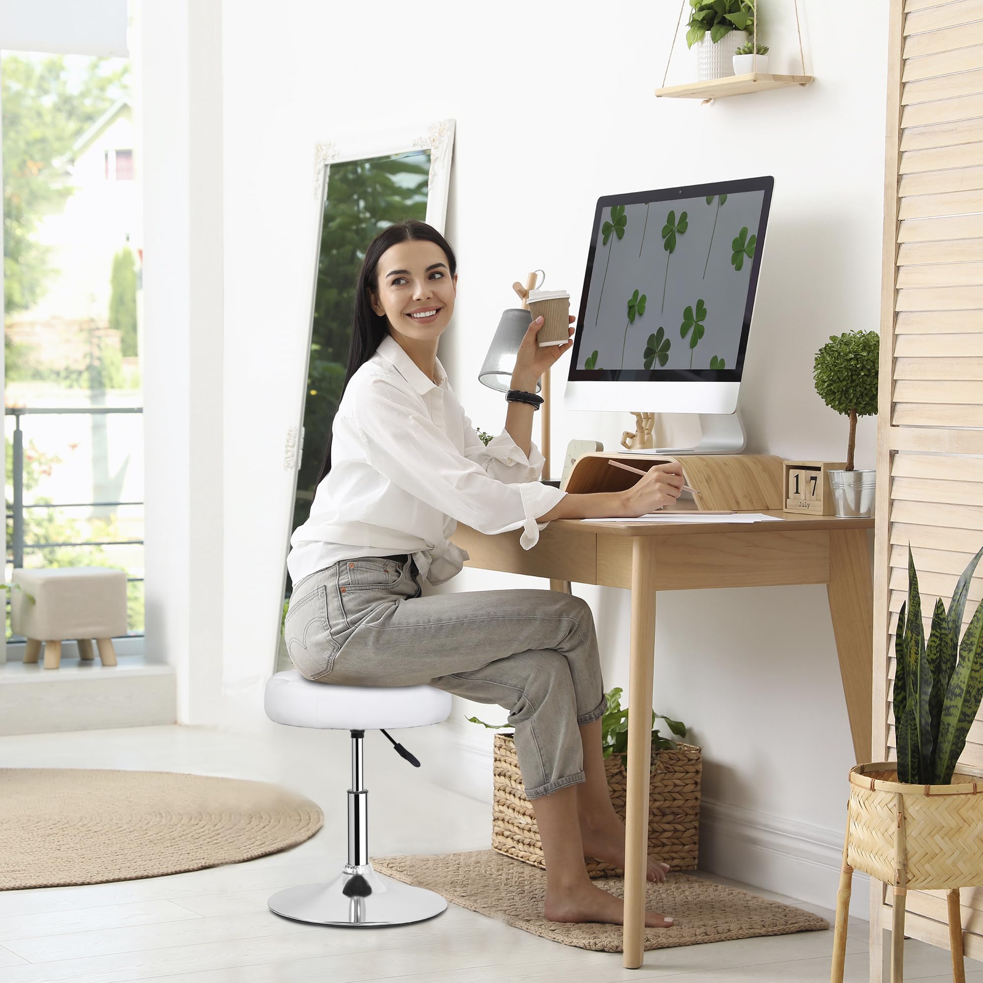 Adjustable Vanity Stool with 360° Swivel - White Makeup Chair for Bedroom & Living Room