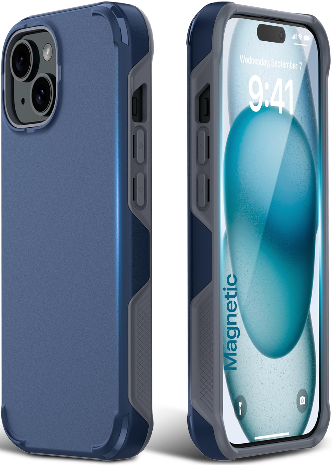 Shockproof Hybrid Rugged Protective Case for iPhone 15/14 - MagSafe Compatible, Heavy-Duty Drop Protection, Non-Slip Grip, Magnetic Phone Cover (Dark Blue) | Perfect for Outdoor Activities, Work & Daily Use