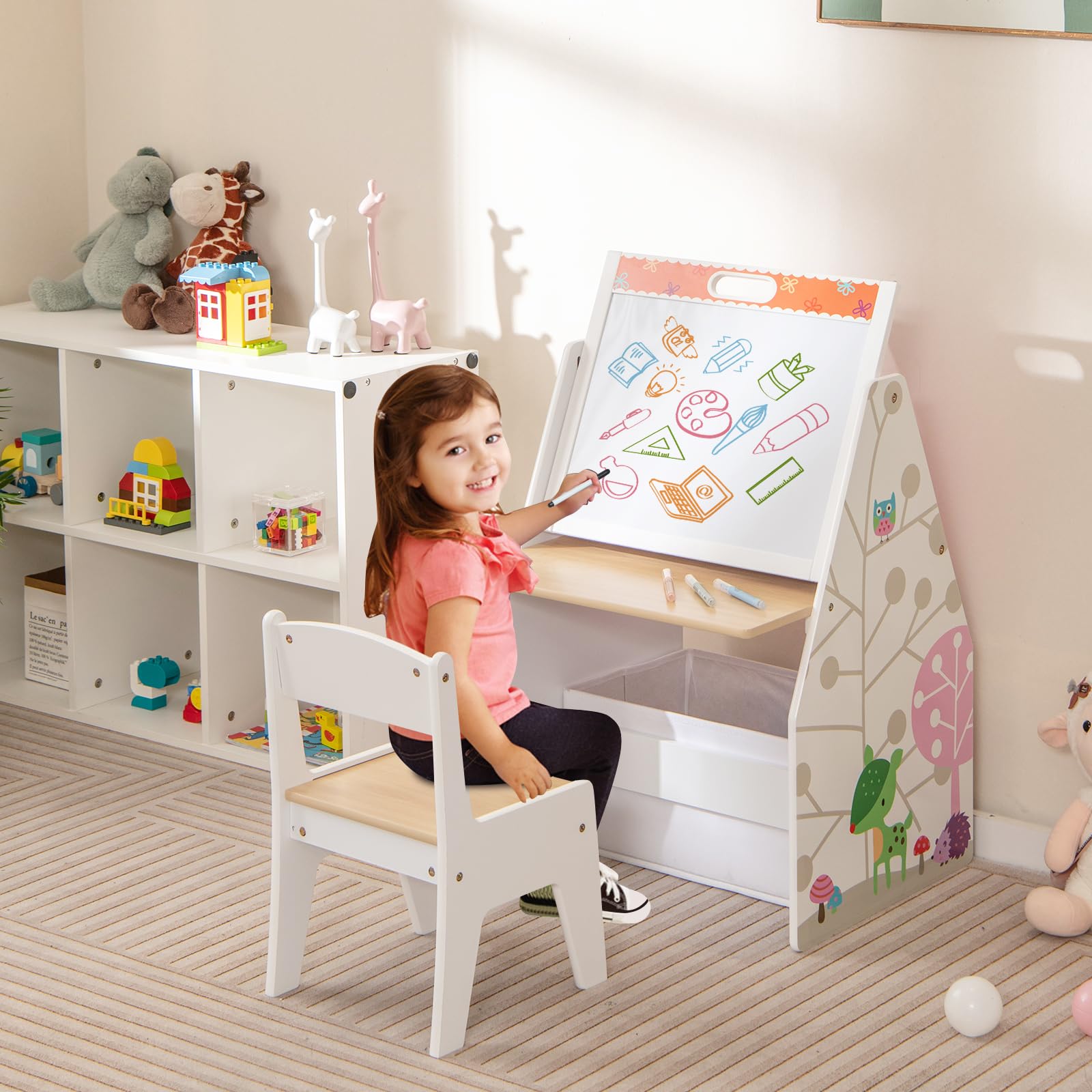 HONEY JOY Kids Art Easel - Adjustable Double-Sided Wooden Toddler Table & Chair Set with Magnetic Whiteboard & Chalkboard, Bookshelf & Storage Bin - Perfect for Arts & Crafts, Drawing & Learning - Ideal Gift for Boys & Girls (White) - Great for Home, Classroom & Playroom Activities