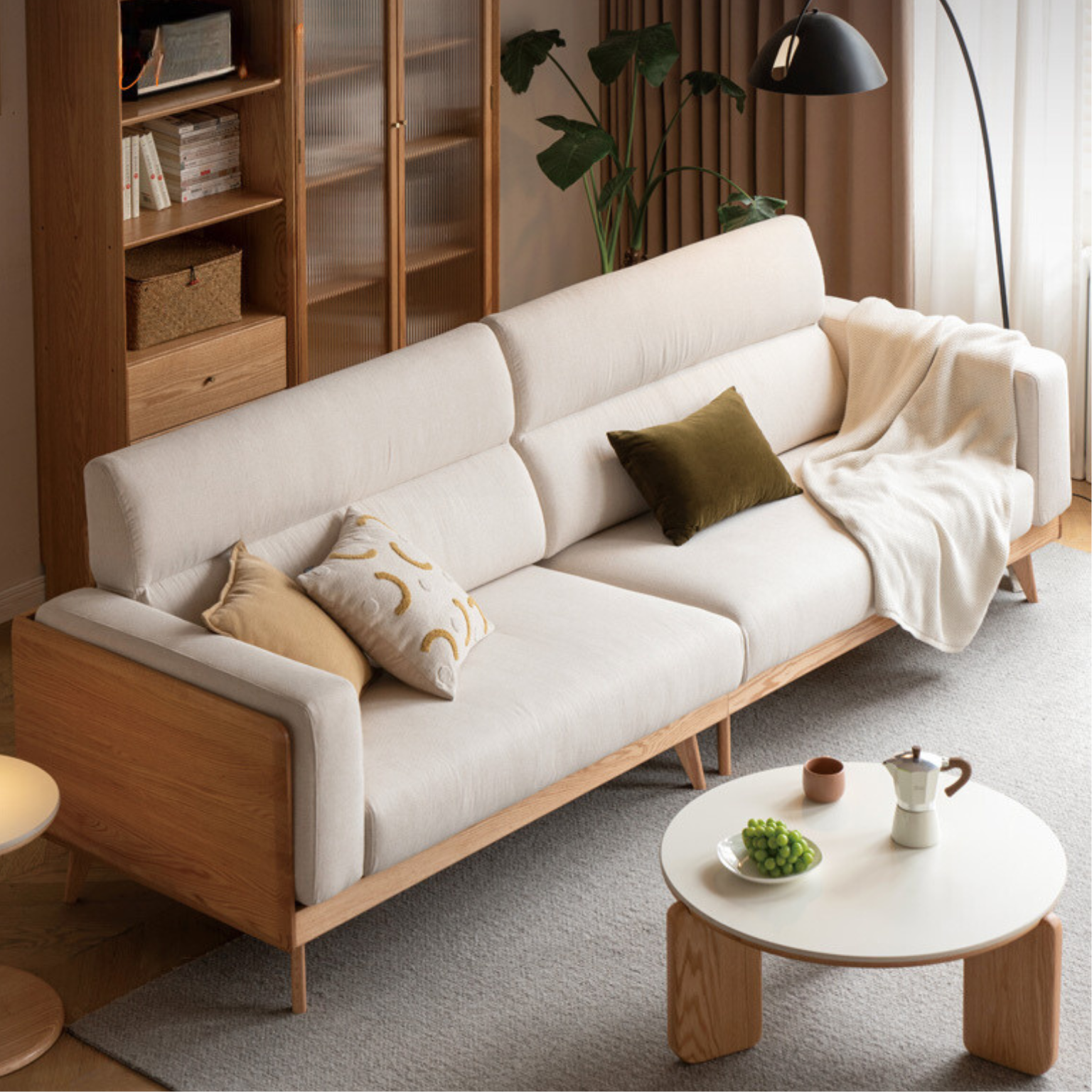 Modern Oak Solid Wood Upholstered Fabric Sofa - Stylish & Durable Living Room Furniture for Home, Office, or Lounge
