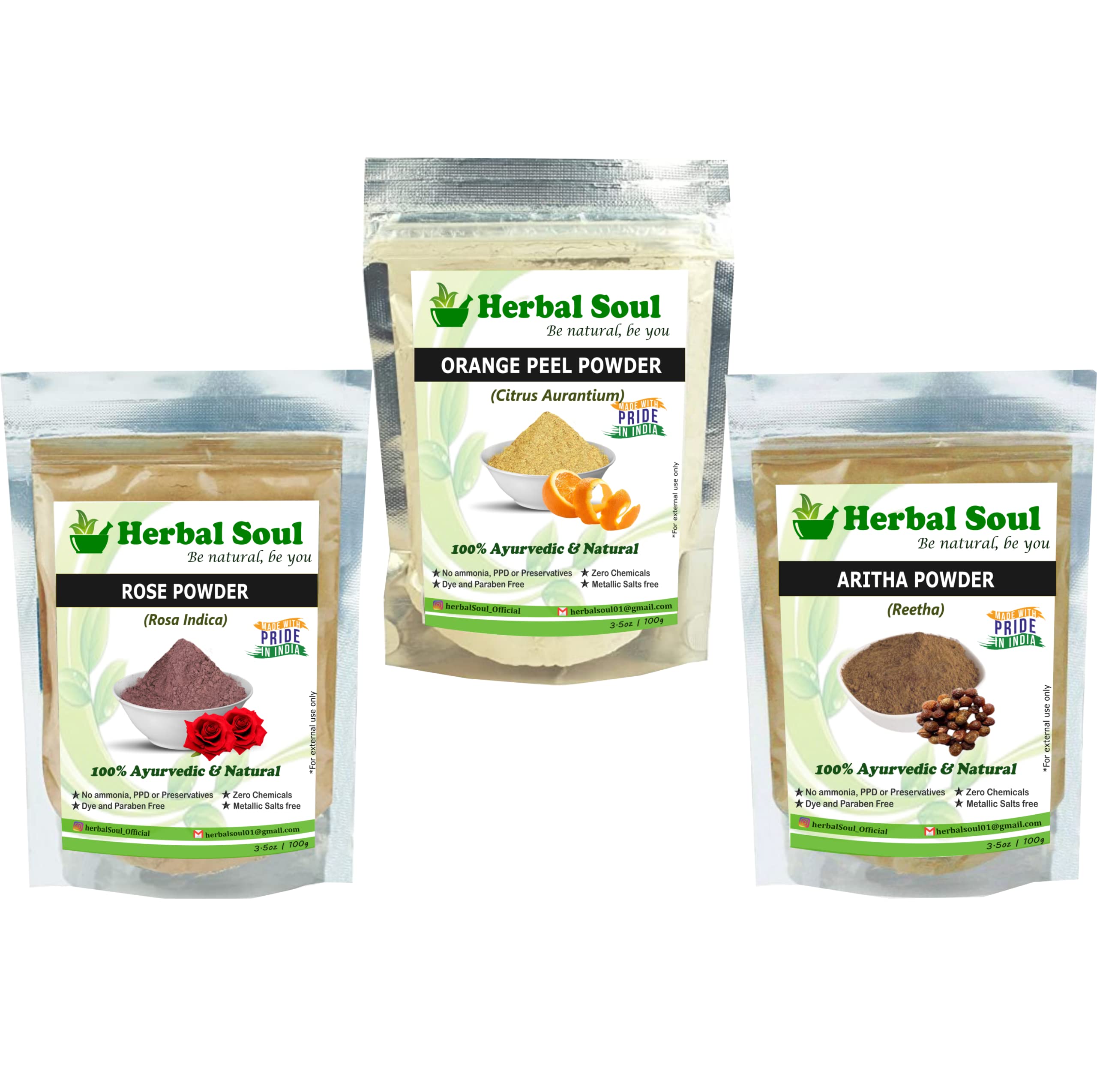 Herbal Soul Combo - Rose Powder, Orange Peel Powder & Reetha Powder (300g) | Natural Skin Care & Hair Treatment | DIY Face Masks & Ayurvedic Remedies