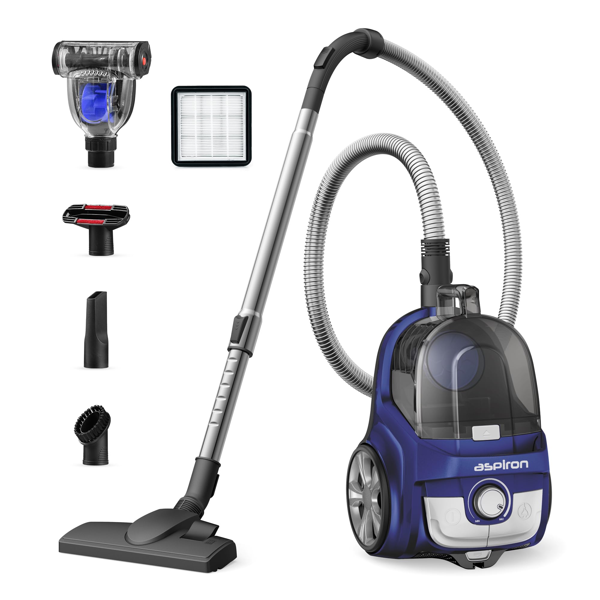 **Powerful Aspiron 24Kpa Bagless Canister Vacuum Cleaner – 3.7QT Large Dust Cup, Dual HEPA Filtration, Retractable Cord, 1200W Lightweight Design with 5 Attachments for Hard Floors & Carpets – Ideal for Home, Office & Pet Hair Cleaning (Blue)**