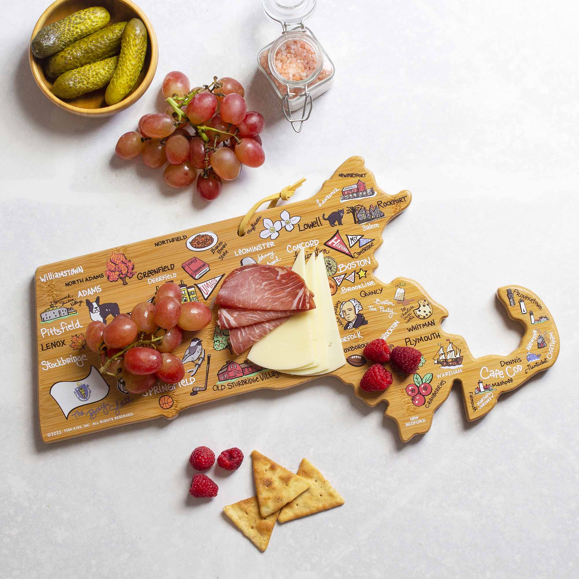 Premium Massachusetts-Themed Wooden Cutting Board with Fish Kiss™ Artwork - Perfect for Kitchen Decor, Gift Giving & Home Use