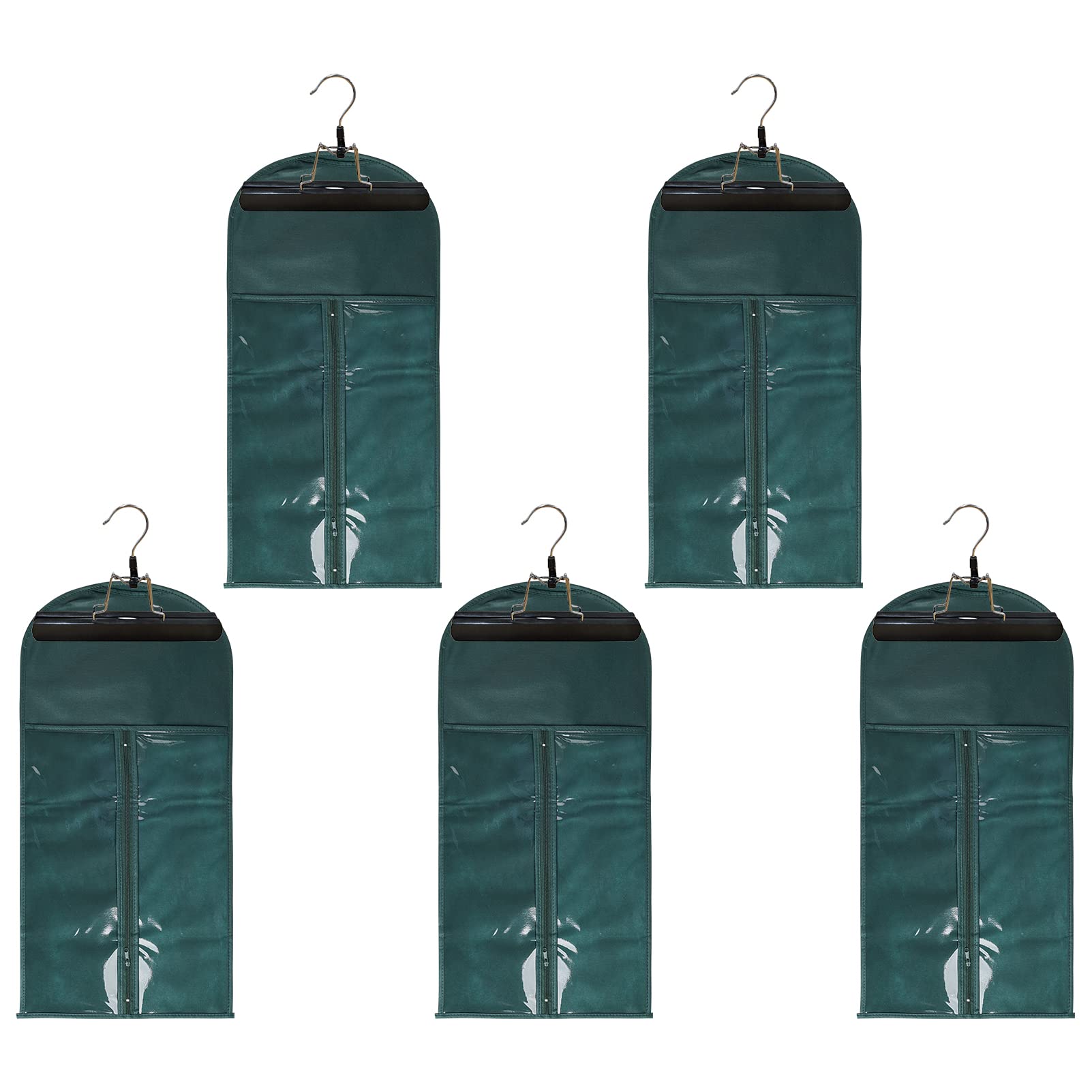 5-Piece Wig Storage Bag Set with Wooden Hangers - Professional Hair Extensions Organizer, Dust-Proof Wig Pouch Case (5 Green Bags + 5 Black Hangers) - Perfect for Salon, Home Wig Storage & Travel