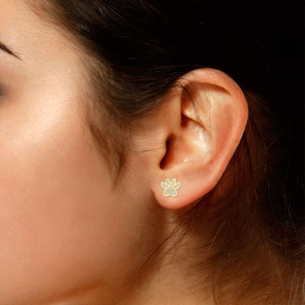 10K Yellow Gold Round Cut Simulated Birthstone Dog Paw Print Stud Earrings for Women - Push Back Closure, Perfect for Pet Lovers, Gifts & Everyday Wear