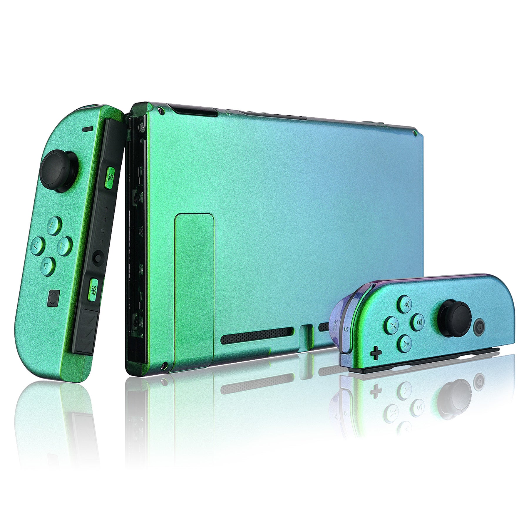 eXtremeRate Glossy Back Plate Replacement Shell for Nintendo Switch & Joy-Con Controllers - Chameleon Green Purple (QP311) | DIY Custom Housing with Full Button Set | Perfect for Gaming Enthusiasts & Console Modders