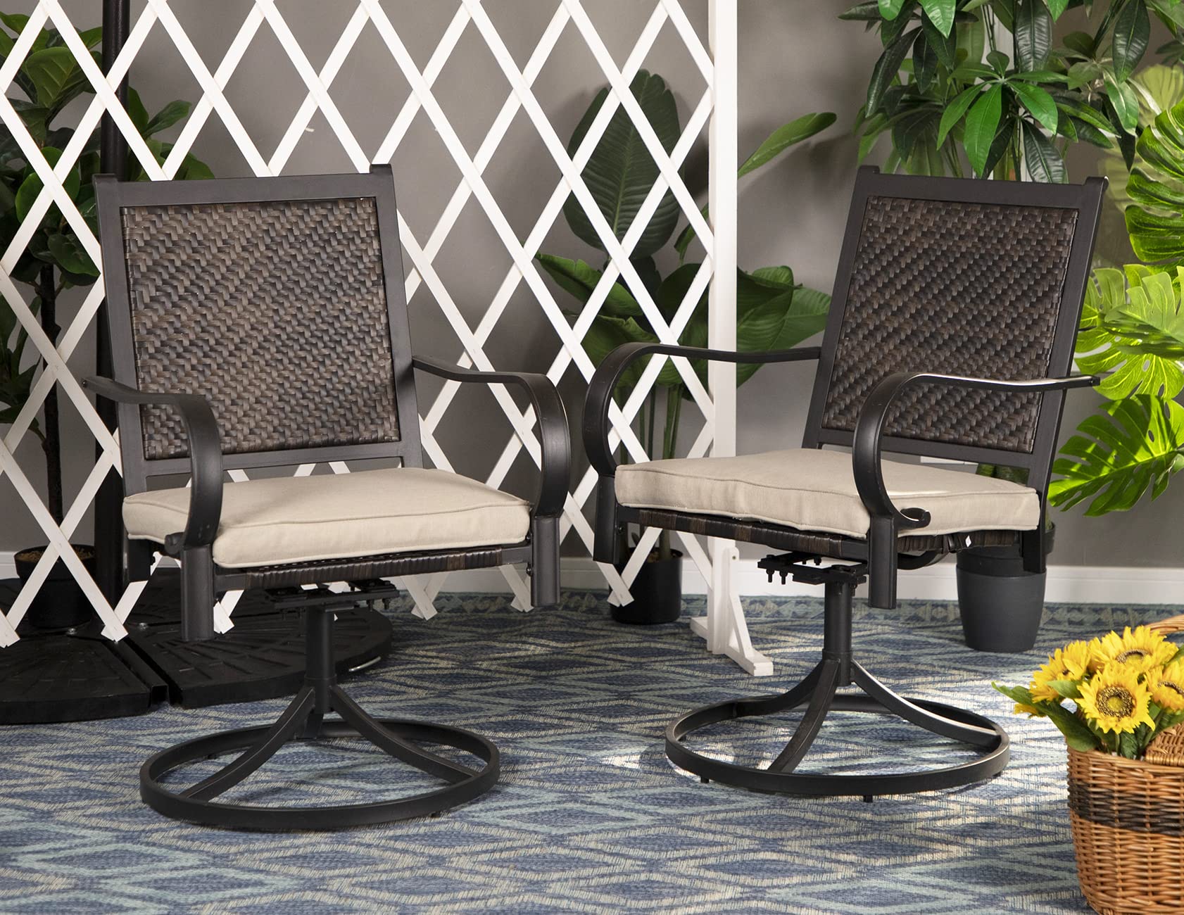 PHI VILLA 7-Piece Outdoor Patio Dining Set - Rattan Wicker Swivel Chairs with Cushions & Metal Table with 1.77
