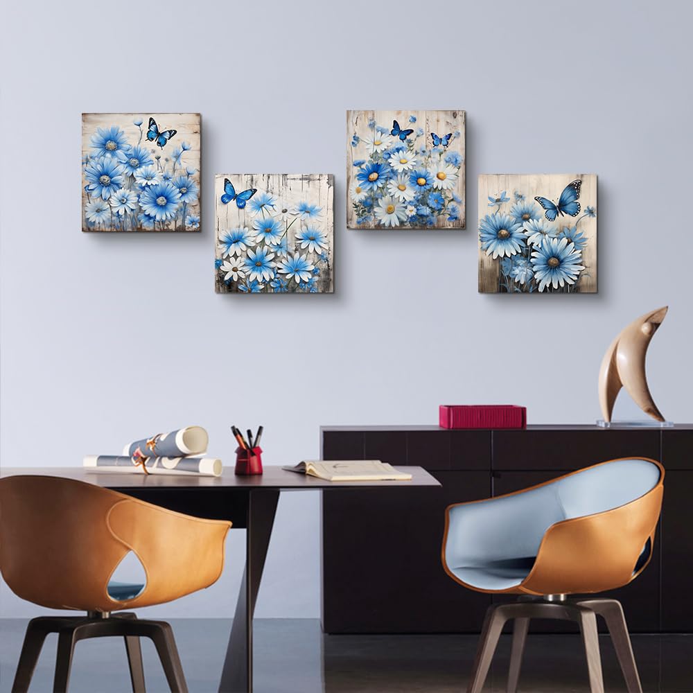 Abstract Blue Flowers Canvas Wall Art Set of 4 - Modern Paintings for Bedroom, Living Room, Office & Kitchen Decor - Perfect for Home, Dorm & Workspace Wall Decorations