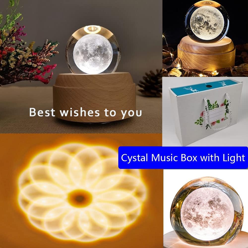 3D Crystal Ball Music Box with LED Light Projection - Luminous Rotating Musical Gift Box for Birthday, Christmas, Mother's Day & Thanksgiving | Perfect for Home Decor, Romantic Proposals & Special Occasion Gifts (Moon Design)