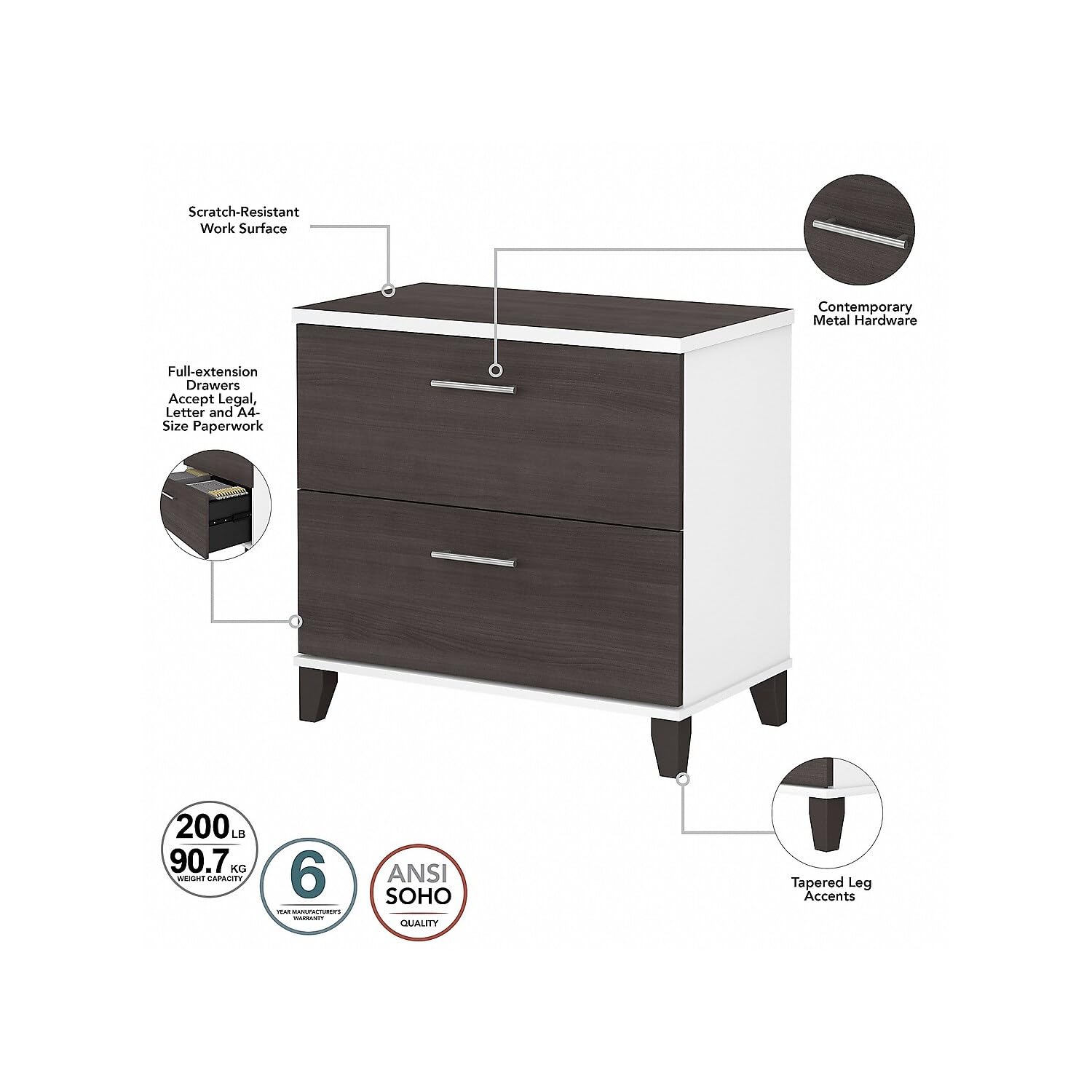 Bush Furniture 2 Drawer Lateral File Cabinet - Letter & Legal Size Document Storage for Home Office or Professional Workspace - Somerset Collection in White & Storm Gray - Perfect for Organizing Files, Contracts and Office Supplies