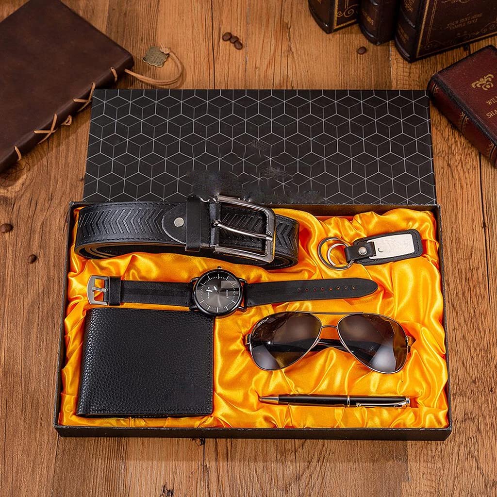 Premium 6-Piece Men's Gift Set - Luxury Quartz Watch, Stylish Glasses, Genuine Leather Belt, Wallet, Keychain & Pen in Elegant Gift Box (Black) - Perfect for Birthdays, Anniversaries & Corporate Gifts