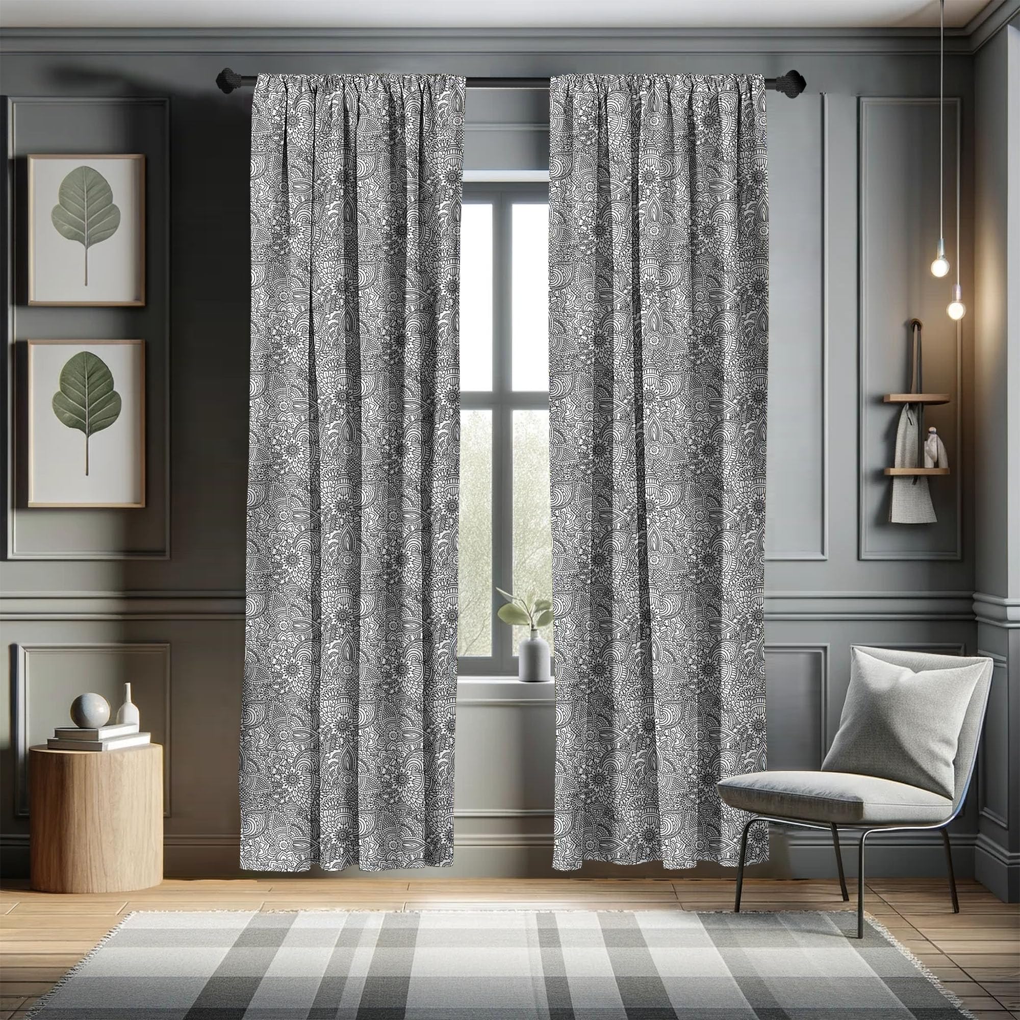 Ambesonne Oriental Window Curtains - Monochrome Cultural Folk Pattern with Intricate Swirls & Leaves, Lightweight 2-Panel Set with Rod Pocket (28