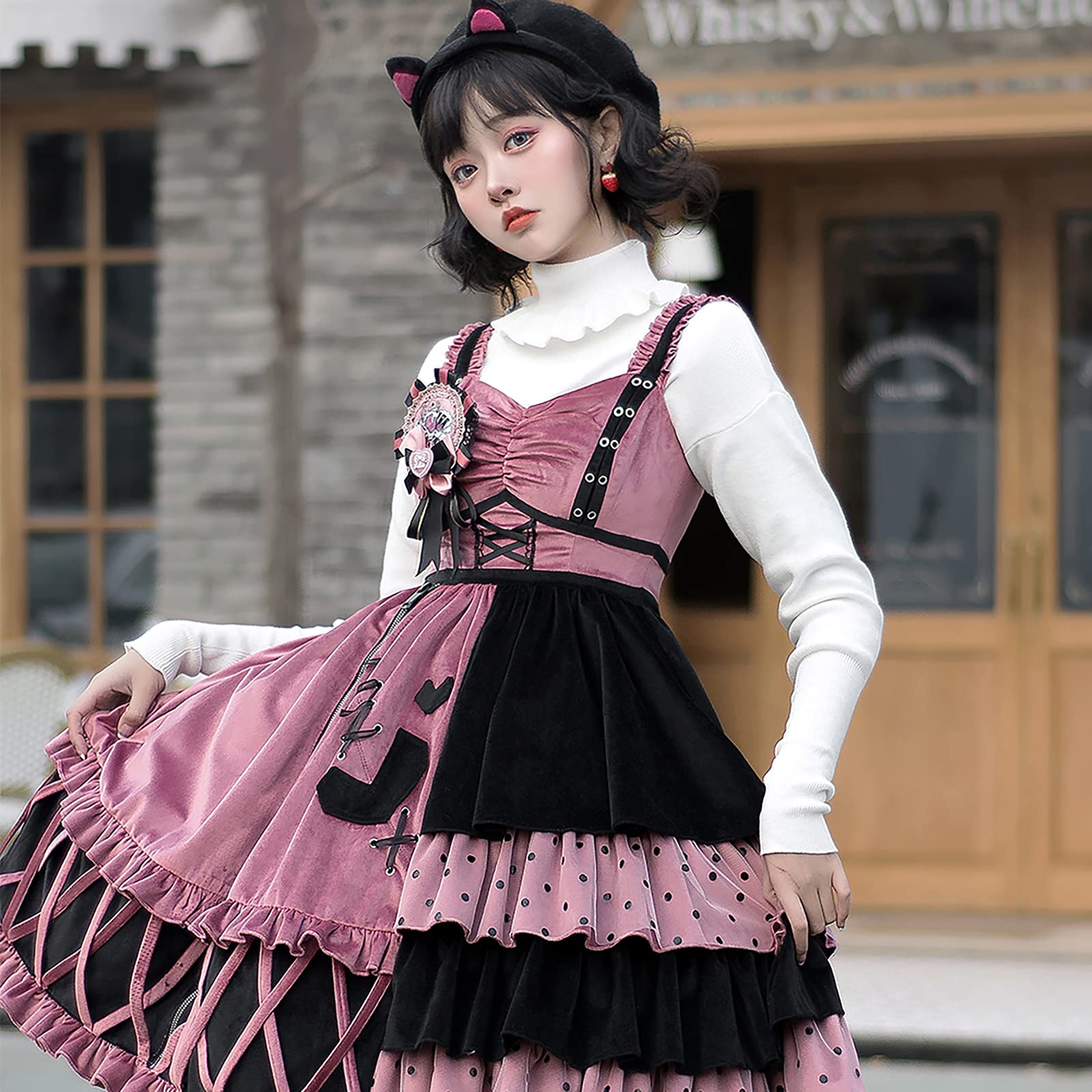 Sweet Lolita Dress Plus Size Kawaii Victorian Gothic Dress for Women & Girls - Black Pink Gothic Lolita Coat | XL & X-Large Sizes | Perfect for Cosplay, Tea Parties & Gothic Fashion Events