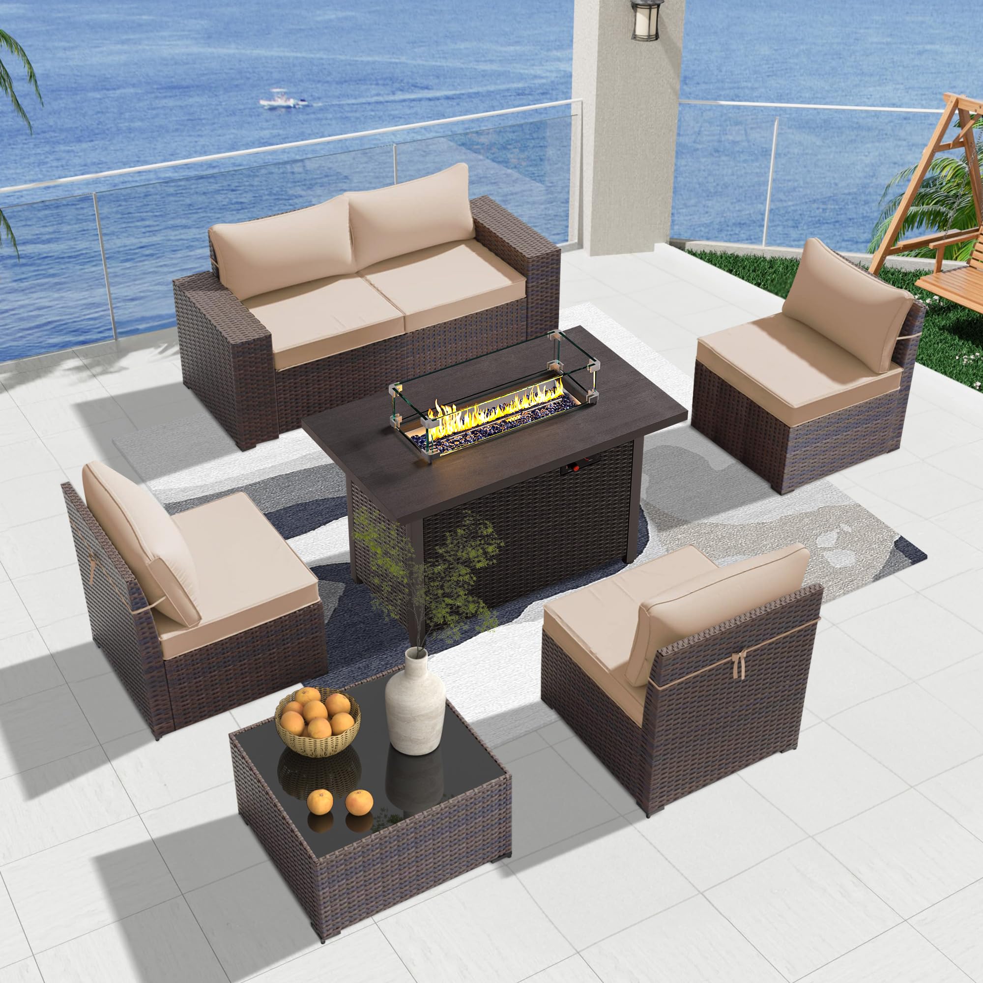 7-Piece Outdoor Patio Furniture Set with Fire Pit Table - PE Rattan Wicker Sectional Sofa & Coffee Table, Thick Cushions in Beige - Perfect for Backyard, Garden, Poolside & Outdoor Entertaining
