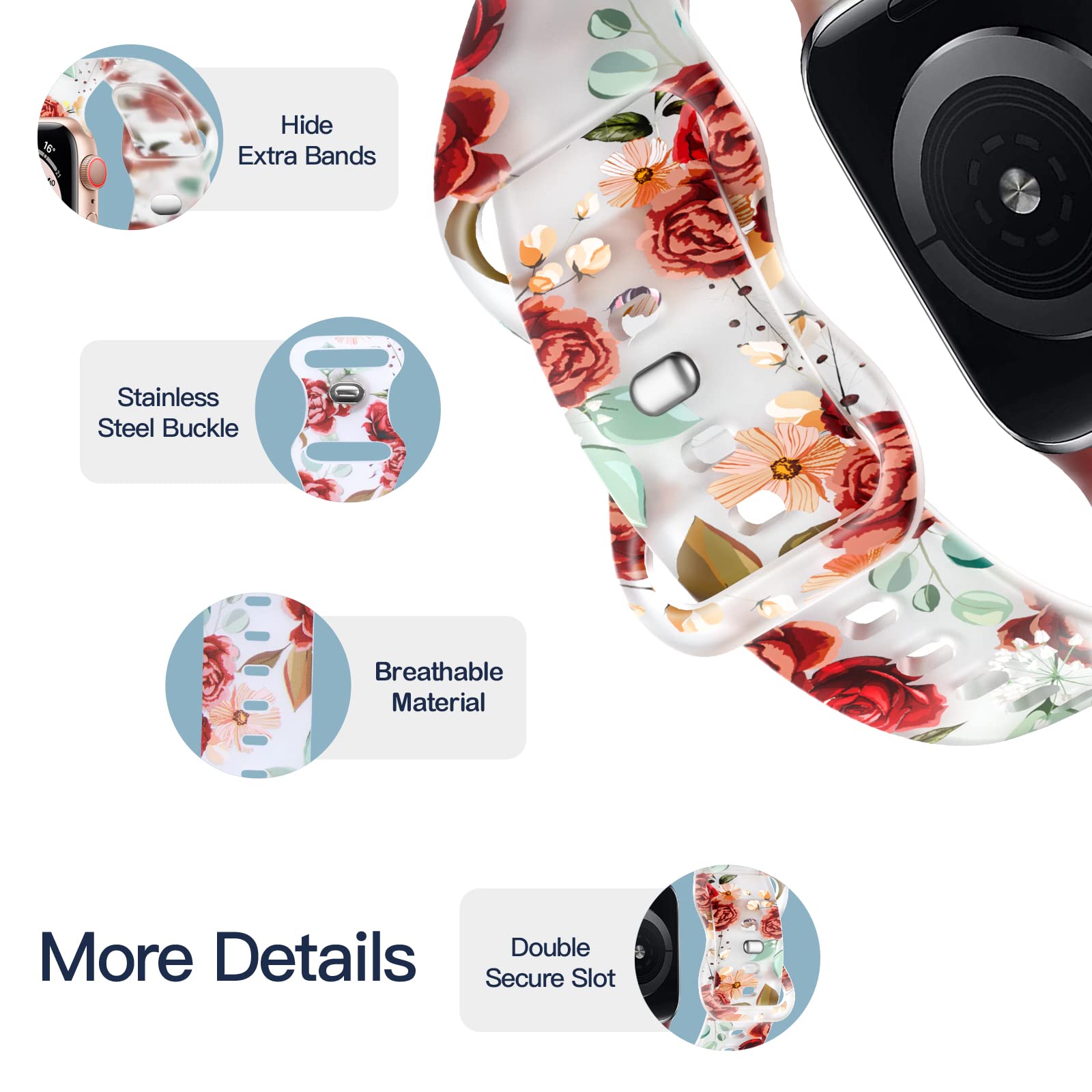 Witzon Compatible with Apple Watch Band Series 8/7/6/5/4/3/2/1/SE/Ultra - 38mm 40mm 41mm 42mm 44mm 45mm 49mm Cute Floral Print Silicone Sport Strap for Women - Perfect for Workouts, Running & Everyday Fashion Accessory