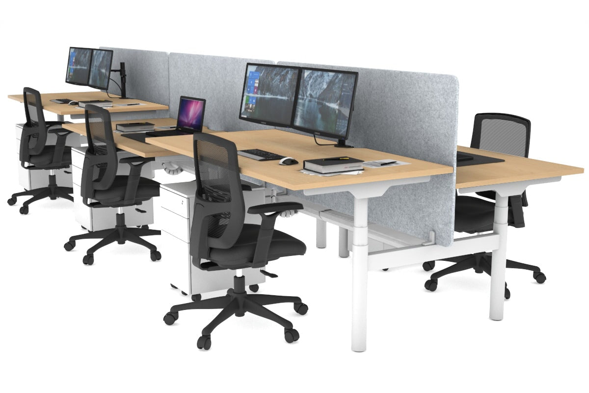 Flexi Premium Height Adjustable 6-Person Office Workbench | White Frame H-Shaped Desk [1400L x 800W with Cable Management] for Collaborative Workspaces & Open Office Environments