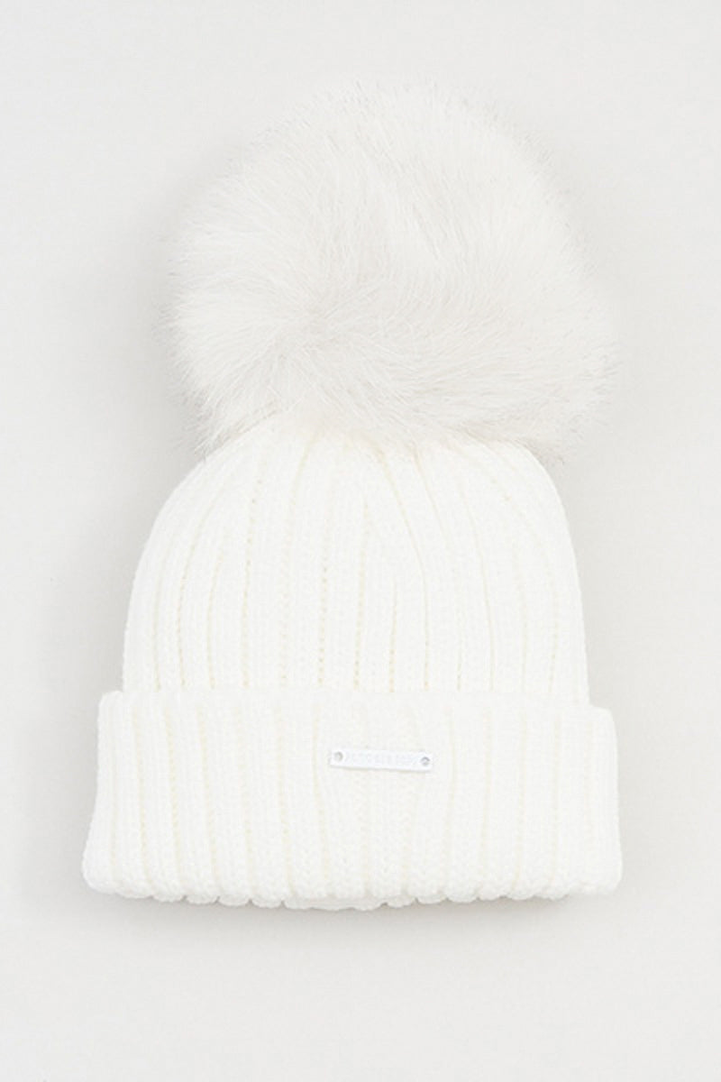 Ivory Faux Fur Ribbed Winter Hat for Women - Soft Warm Knit Beanie with Pom Pom - Perfect for Cold Weather, Snow Days & Outdoor Activities