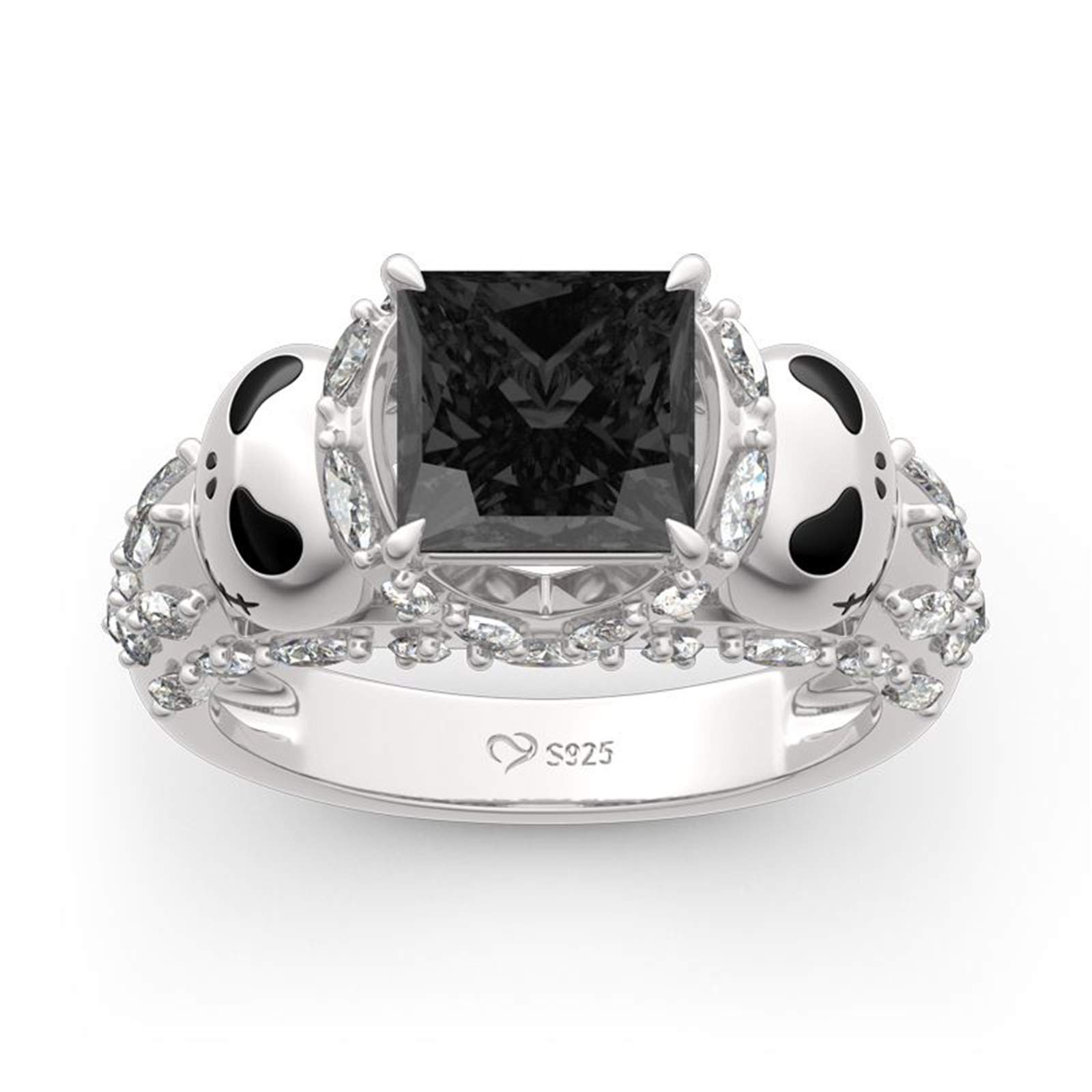 Jeulia Jack and Skellington Rings for Women - Nightmare Before Christmas Inspired 925 Sterling Silver Skull Band Ring with Princess Cut - Romantic Anniversary Promise Ring for Her, Teen Girls - Perfect for Halloween, Cosplay, and Gothic Fashion