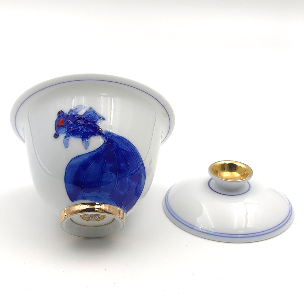 Premium Suet Jade Porcelain Blue and White Goldfish Gaiwan - Traditional Chinese Tea Set for Gongfu Tea Ceremony, Perfect for Home Brewing and Gift Giving