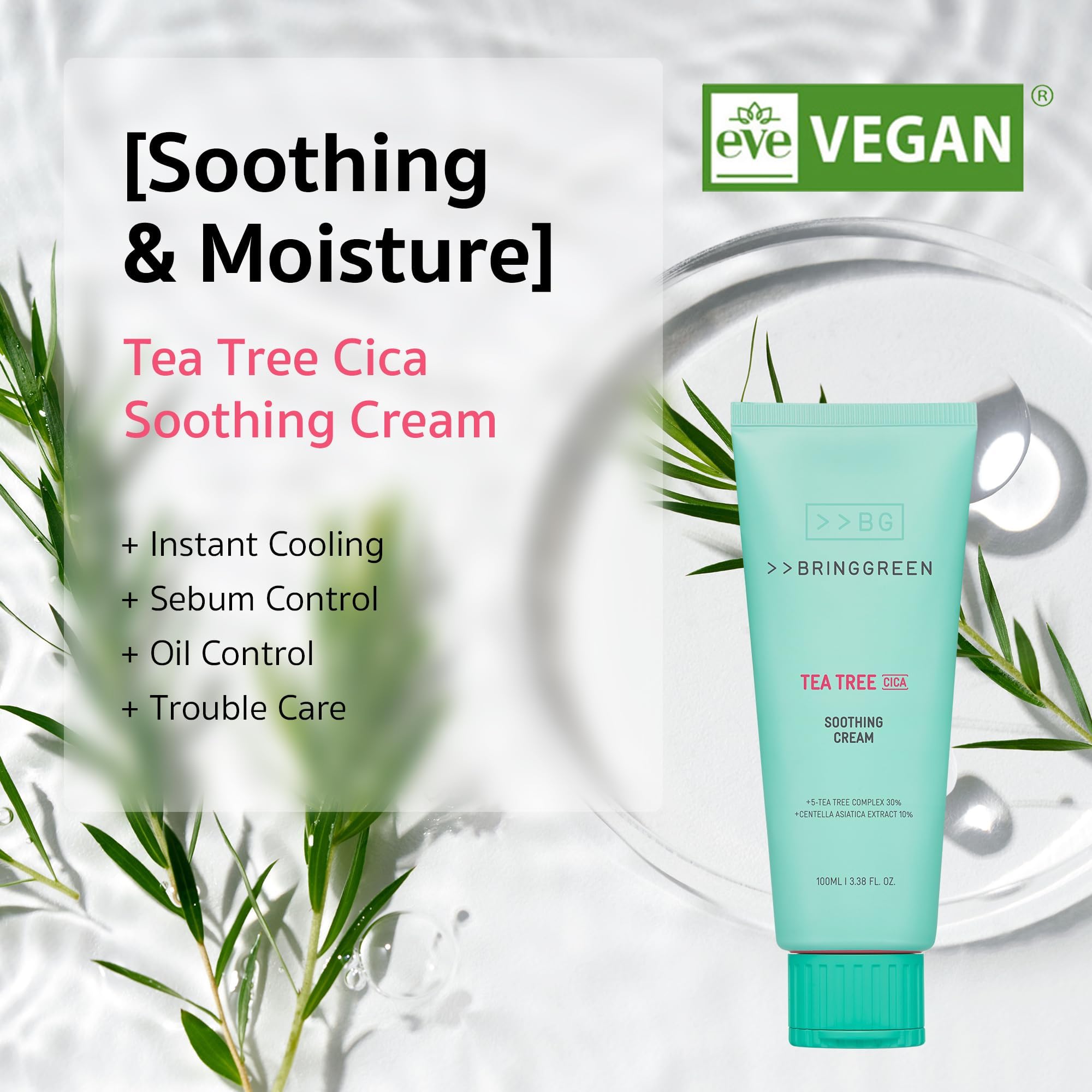 BRING GREEN Tea Tree Cica Soothing Cream 100ml - Korean Skin Care for Acne, Blackheads & Pores | Calming Moisturizer for Sensitive & Troubled Skin | Face Cream for Daily Hydration & Redness Relief | Perfect for Post-Shaving & Sunburn Recovery