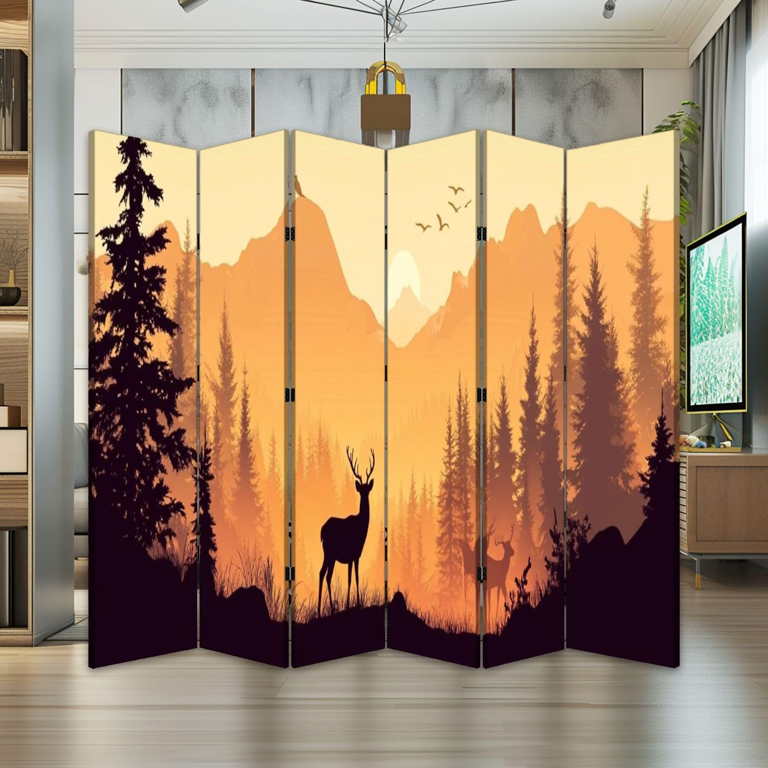 6-Panel Folding Room Divider with Deer Silhouette Design - Freestanding Privacy Screen for Home & Office - Indoor Partition with Forest Mountain Landscape Canvas - Perfect for Living Room, Bedroom, and Workspace Separation