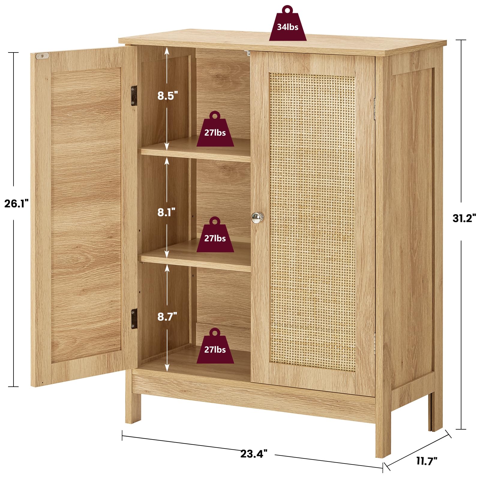 Iwell Rattan Storage Cabinet with Adjustable Shelf - Floor Cabinet for Bathroom, Living Room, Entryway, Kitchen & Home Office - Natural Woven Organizer for Home Decor & Space Saving Storage
