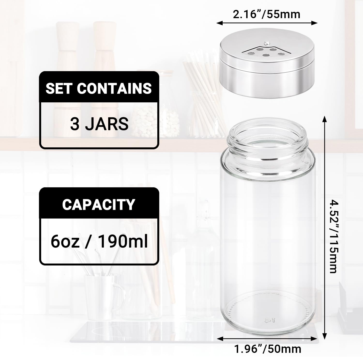 Segarty 6 oz Glass Spice Jars with Shaker Lids - 3 Pack Clear Empty Seasoning Containers for Herbs, Grains, Salt & Pepper - Adjustable Pour Holes - Perfect for Kitchen, Pantry & Spice Organization