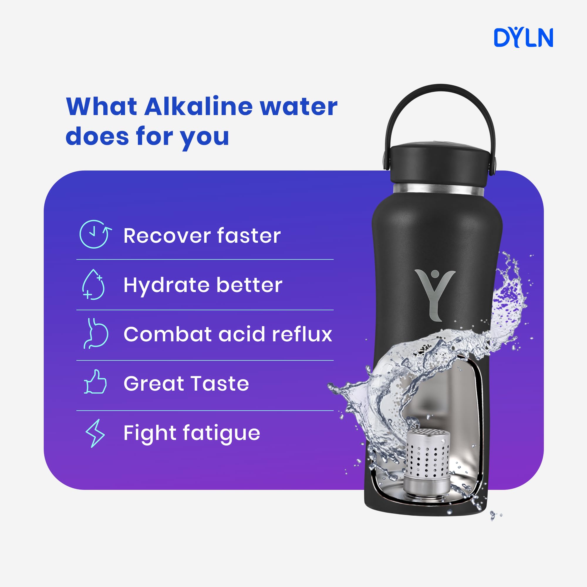 DYLN Alkaline Water Bottle - Portable Hydrogen Water Generator with 9.5 pH Balance | Vacuum Insulated Stainless Steel Bottle Keeps Drinks Cold 24 Hours | Perfect for Gym, Hiking & Daily Hydration