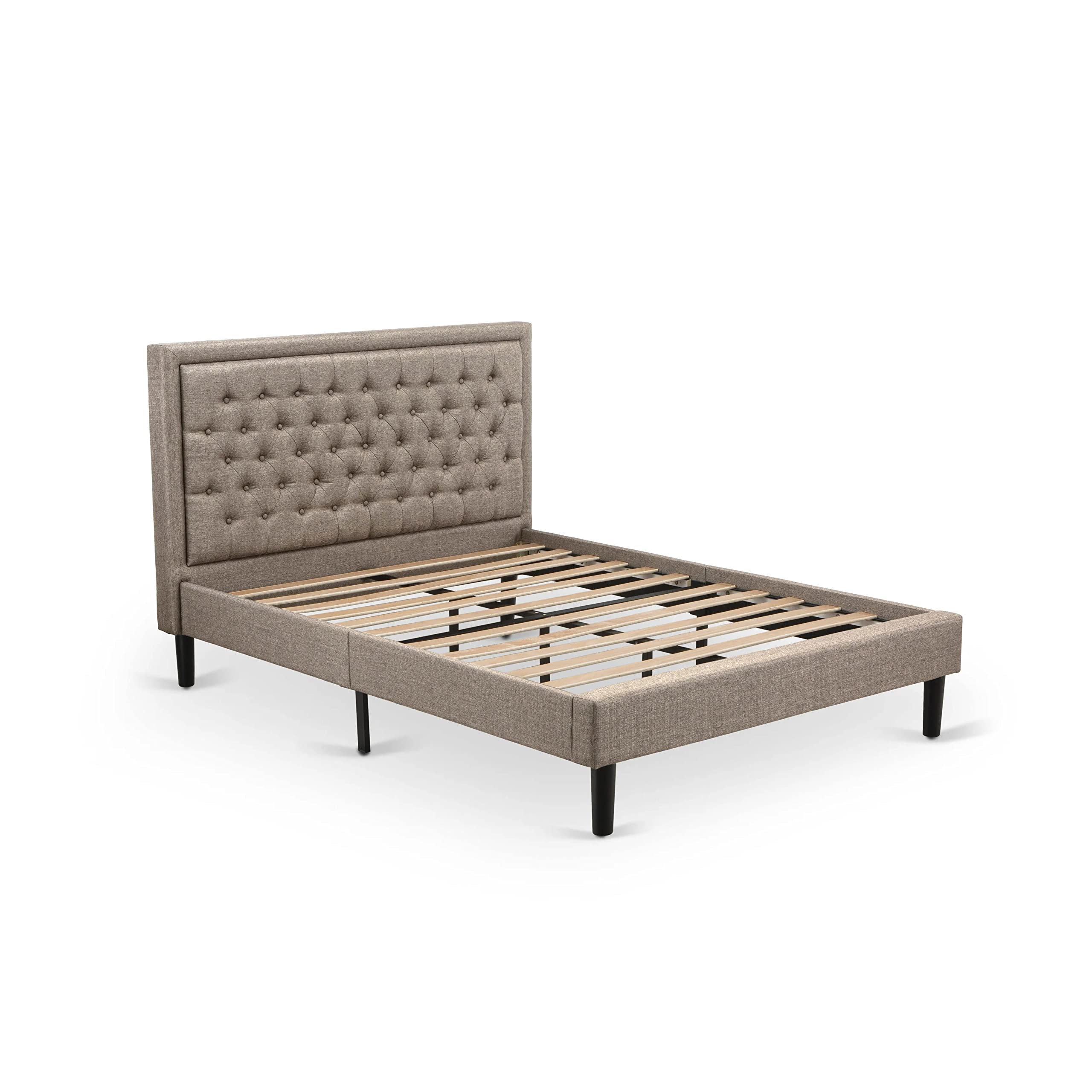 East West Furniture KDF-16-Q Queen Size Upholstered Platform Bed with Button Tufted Headboard - Dark Khaki Linen Fabric, Black Legs - Modern Bedroom Furniture for Master Bedroom, Guest Room, Apartment