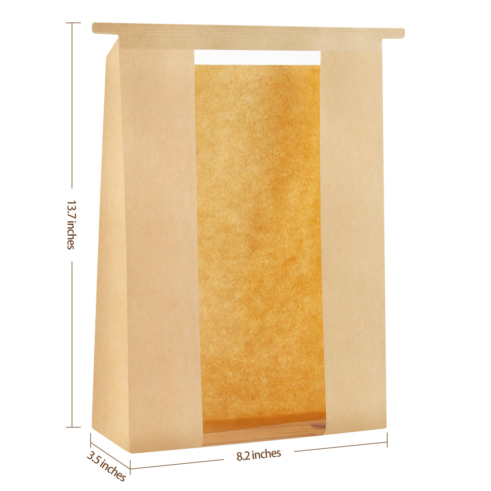 100 PCS Large Paper Bread Bags with Window - 13.7 x 8.2 x 3.5 Inches Bakery Packaging for Sourdough Bread, Homemade Loaves | Tin Tie Tab Lock & Seal Stickers | Perfect for Bakeries, Farmers Markets & Gift Packaging