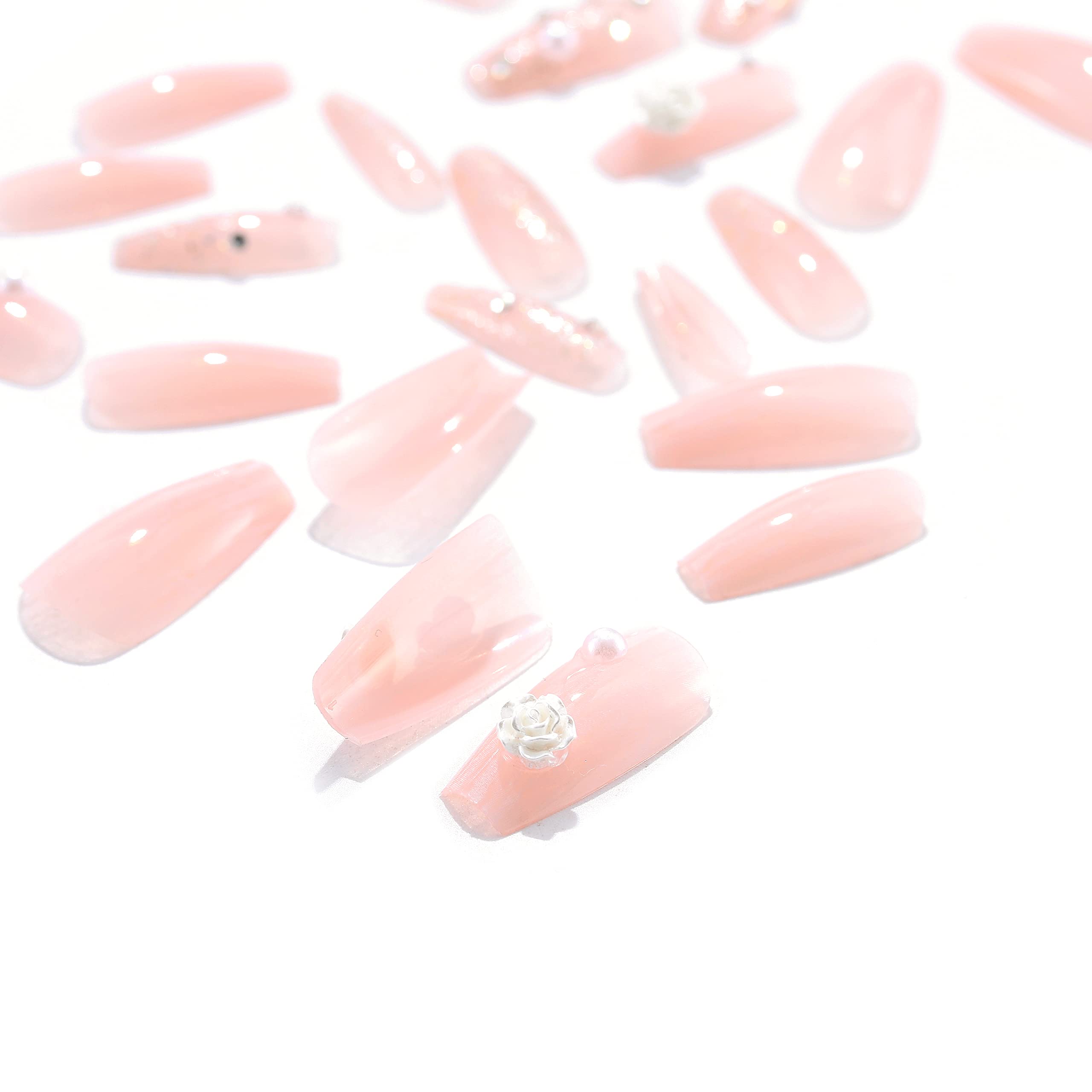Sethexy Camellia Ballerina Fake Nails - 24Pcs Pink Wedding Press on Nails with Plaster Design | Handmade Stick on Nail Tips for Women & Girls | Perfect for Bridal Showers, Prom, Date Nights & Special Occasions