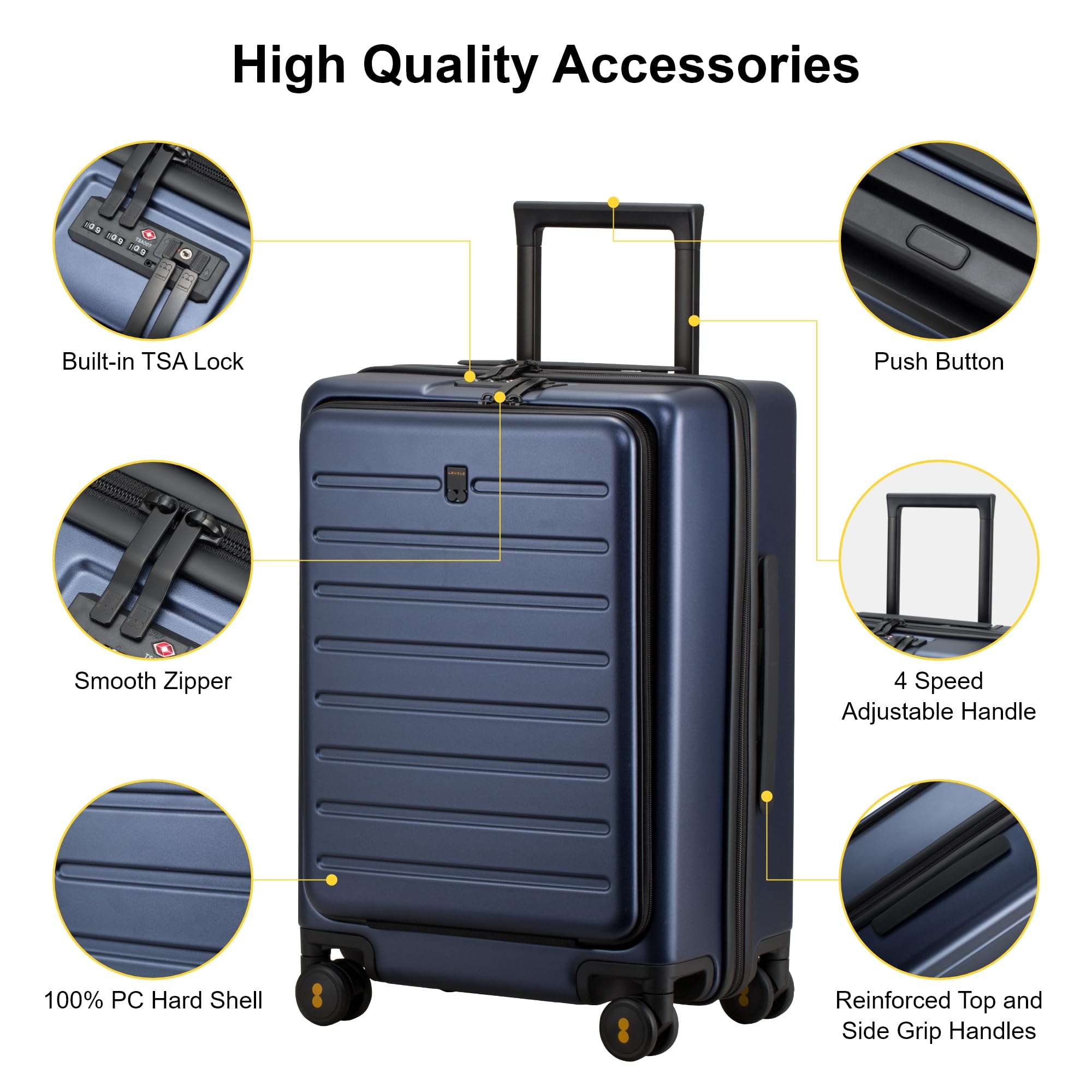 **Level8 20 Inch Lightweight Hard Shell Carry-On Luggage with Wheels - Airline Approved, TSA Locks, Front Pocket & Spacious Compartment - Navy Blue - Perfect for Business Travel & Weekend Getaways**