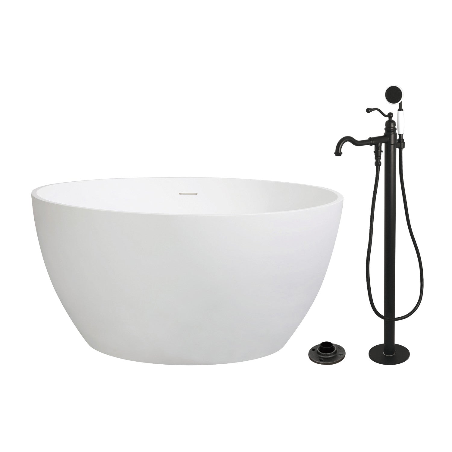 Arcticstone 45 Inch Freestanding Bathtub with Faucet - Matte Black Solid Surface Round Double Ended Soaking Tub for Luxury Bathroom | Spa Relaxation & Modern Home Decor